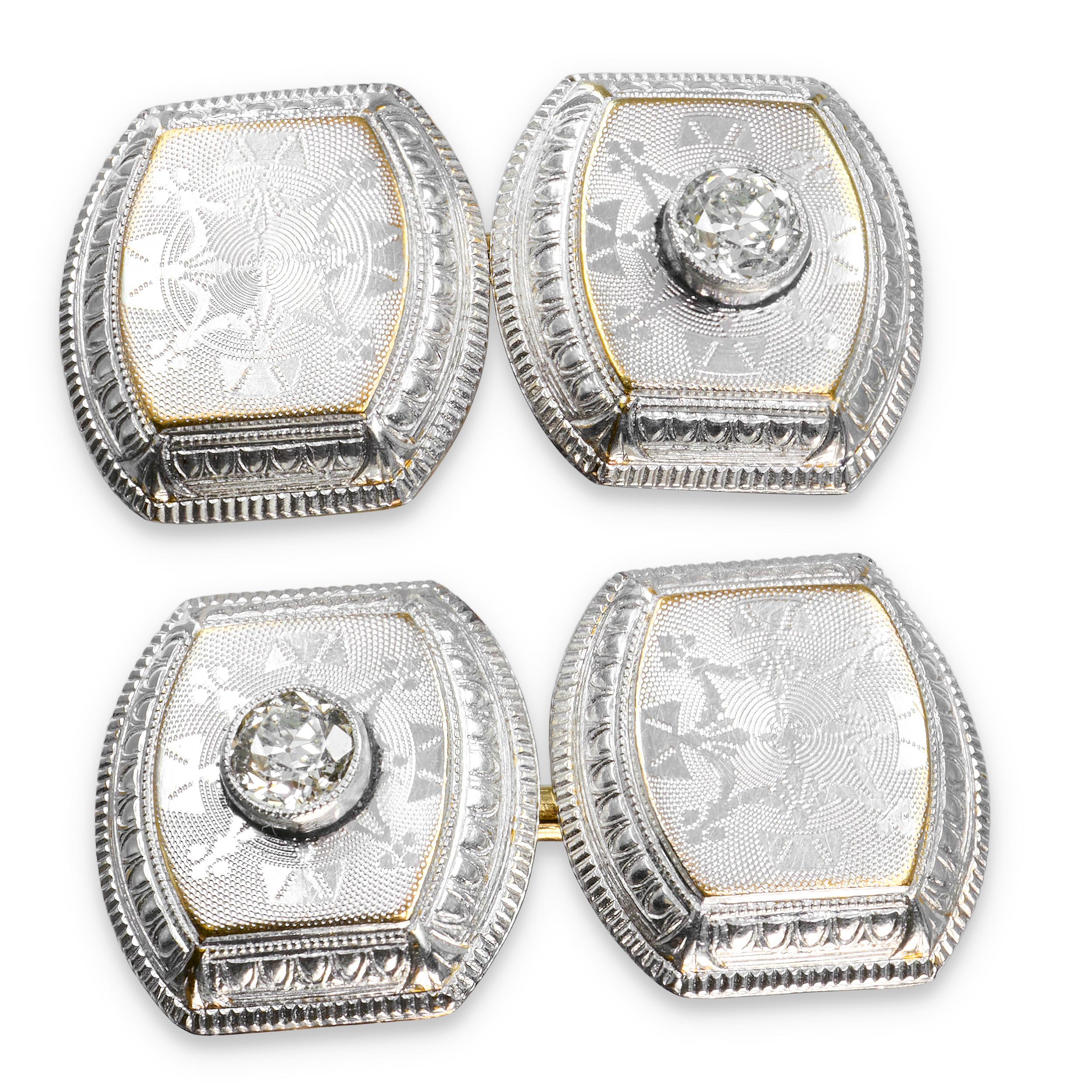 Antique Plat Topped 14k Yellow Gold Old Euro Cut Diamond Cufflinks