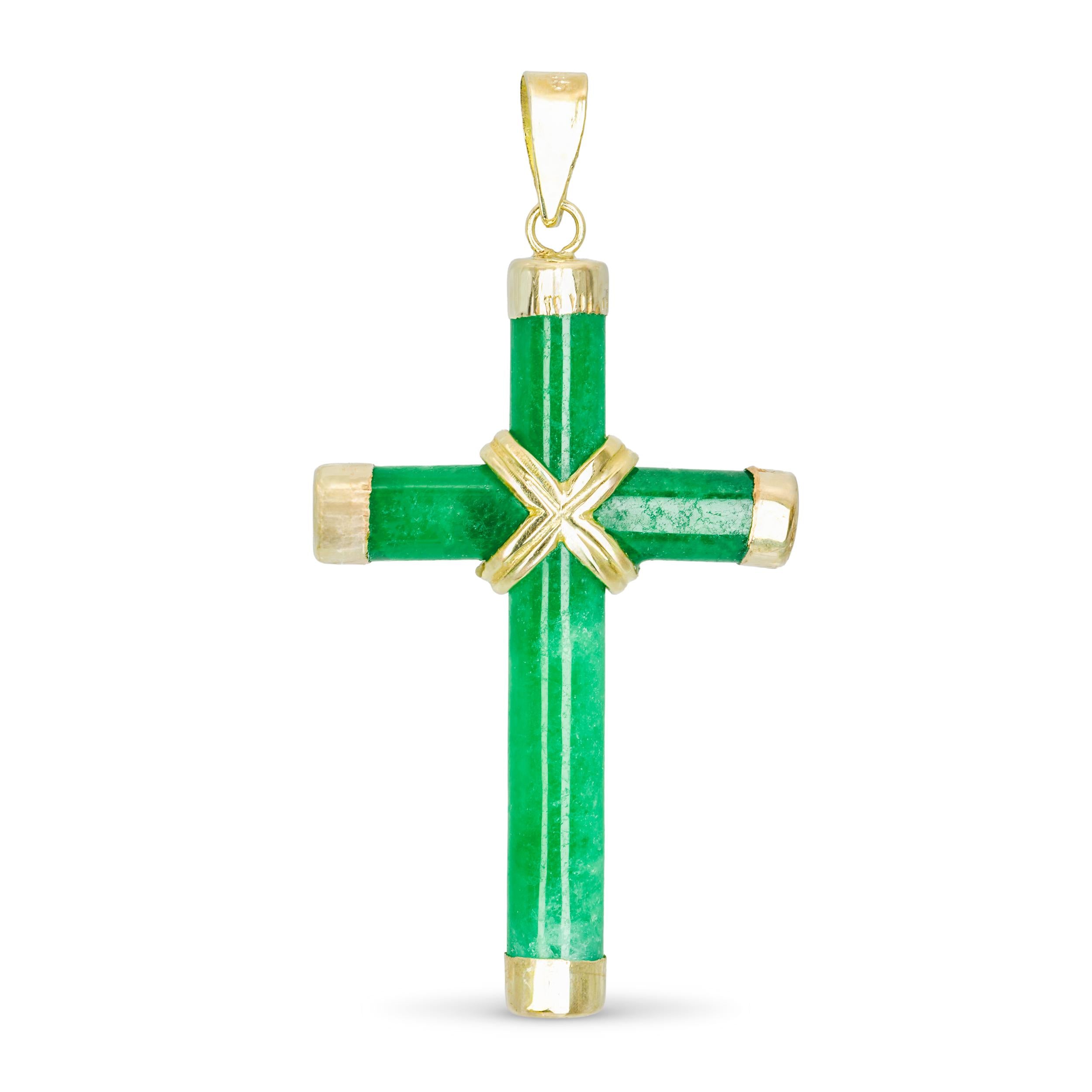 Vintage 14k Yellow Gold Jadeite Cross Pendant