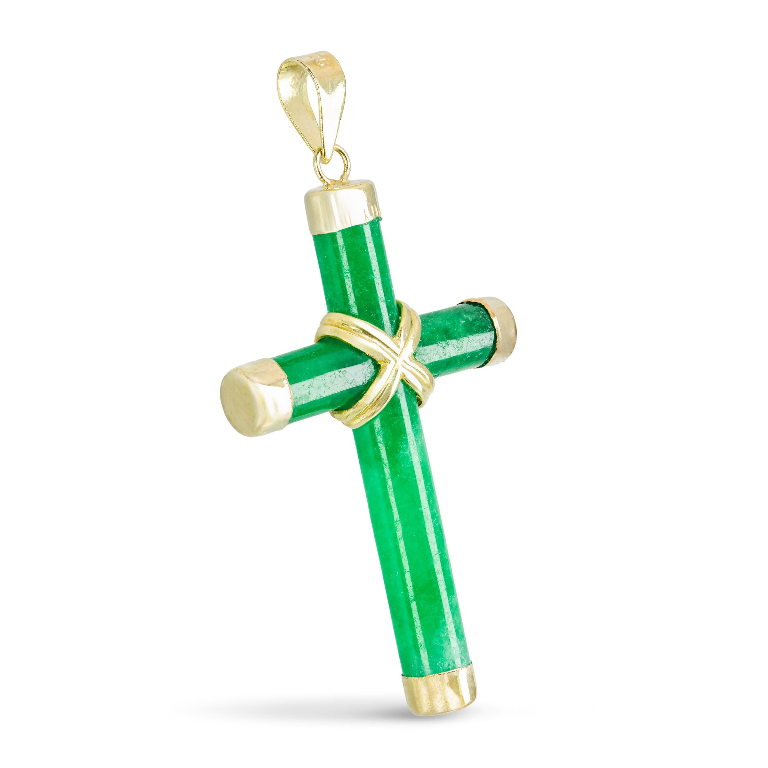 Vintage 14k Yellow Gold Jadeite Cross Pendant