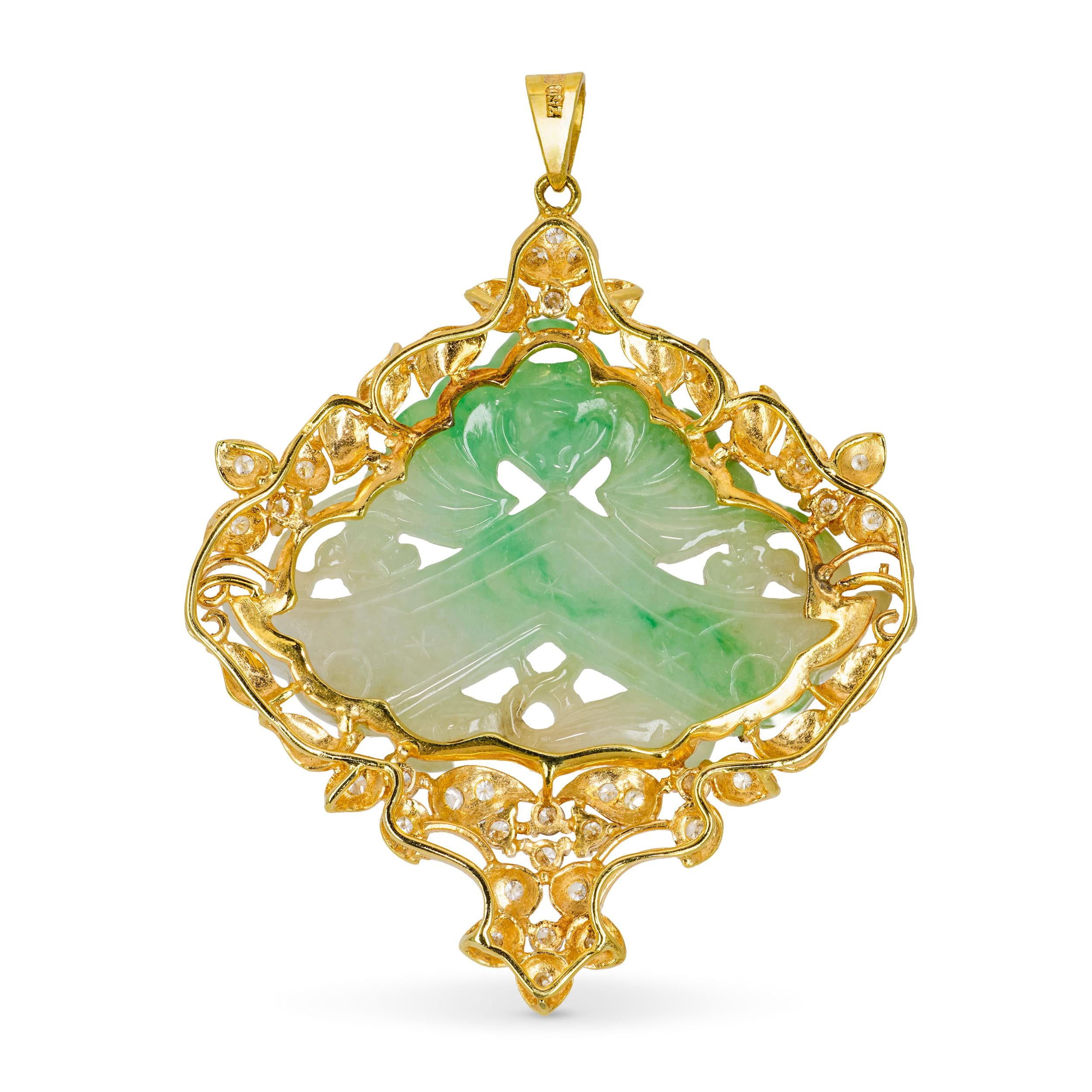 Vintage 18k Yellow Gold Carved Jadeite and Diamond Pendant