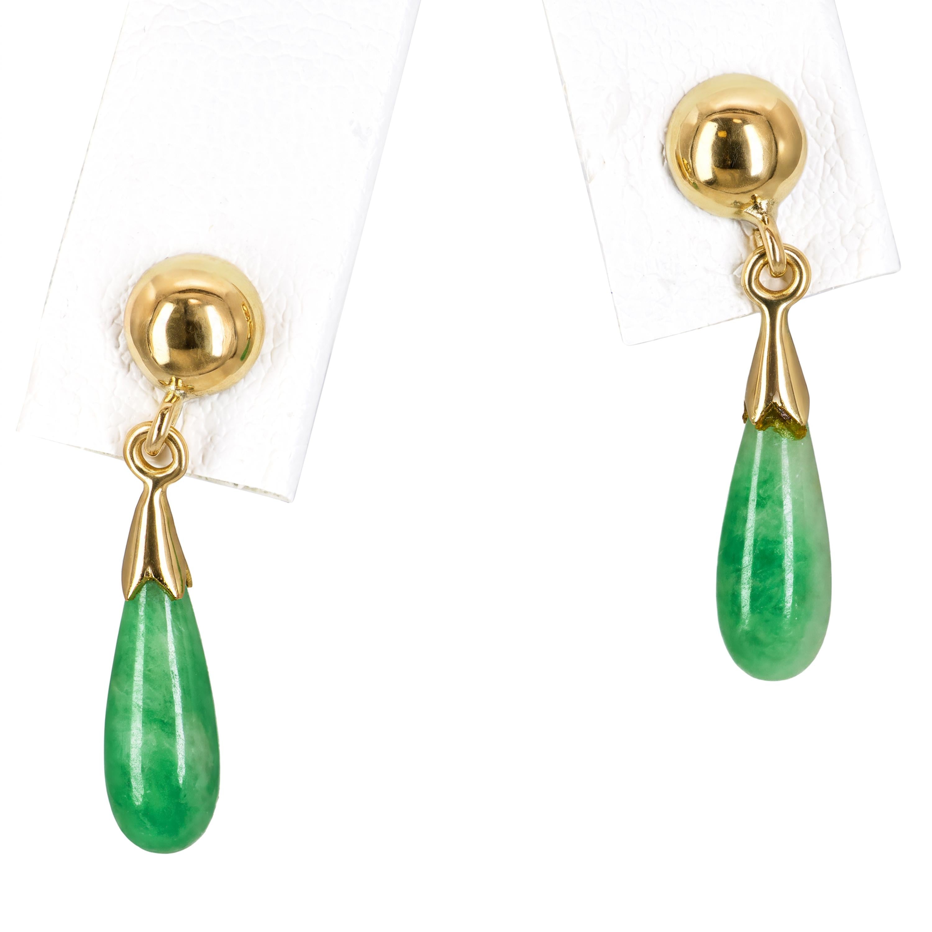 Vintage Yellow Gold Jade Dangle Drop Earrings