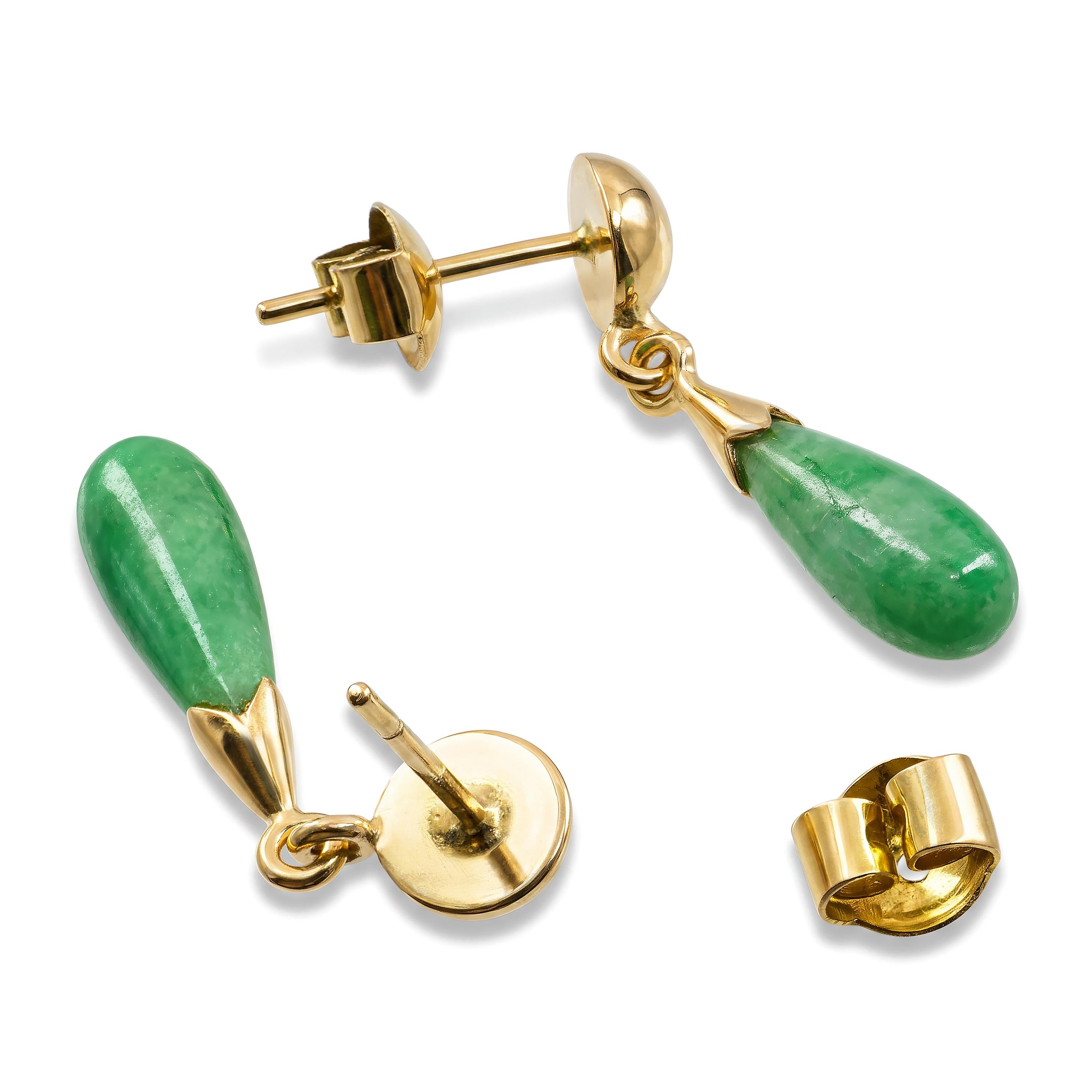 Vintage Yellow Gold Jade Dangle Drop Earrings