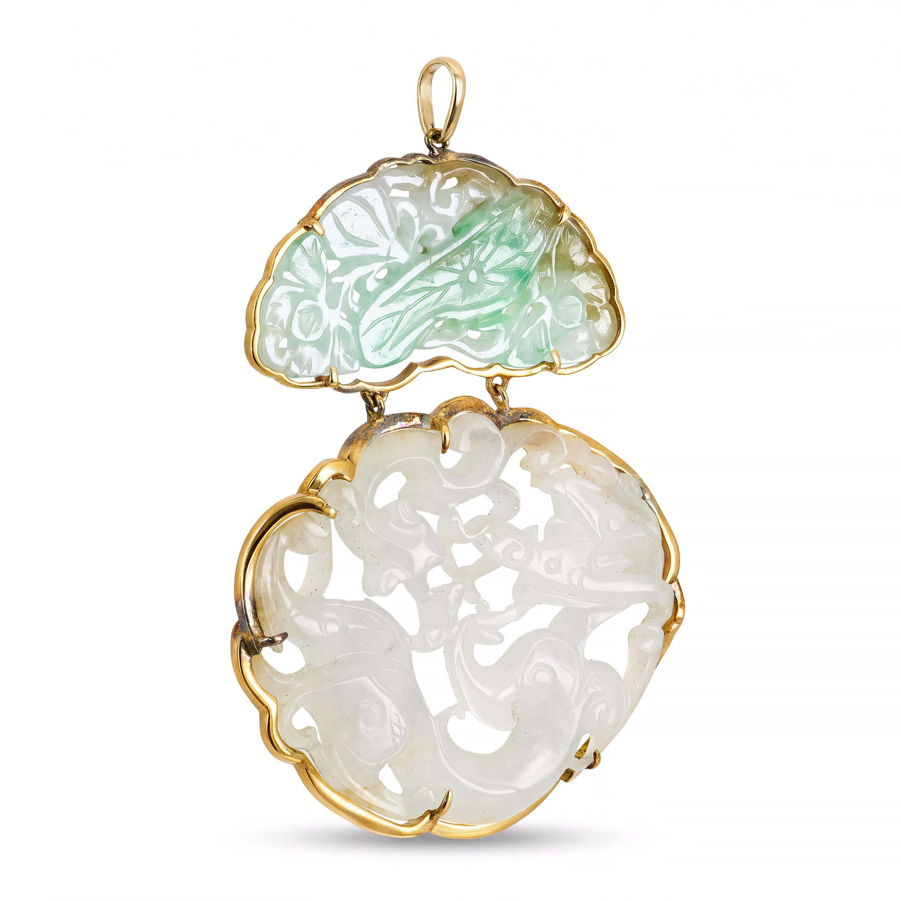 Vintage 10k Yellow Gold Carved Jade Pendant