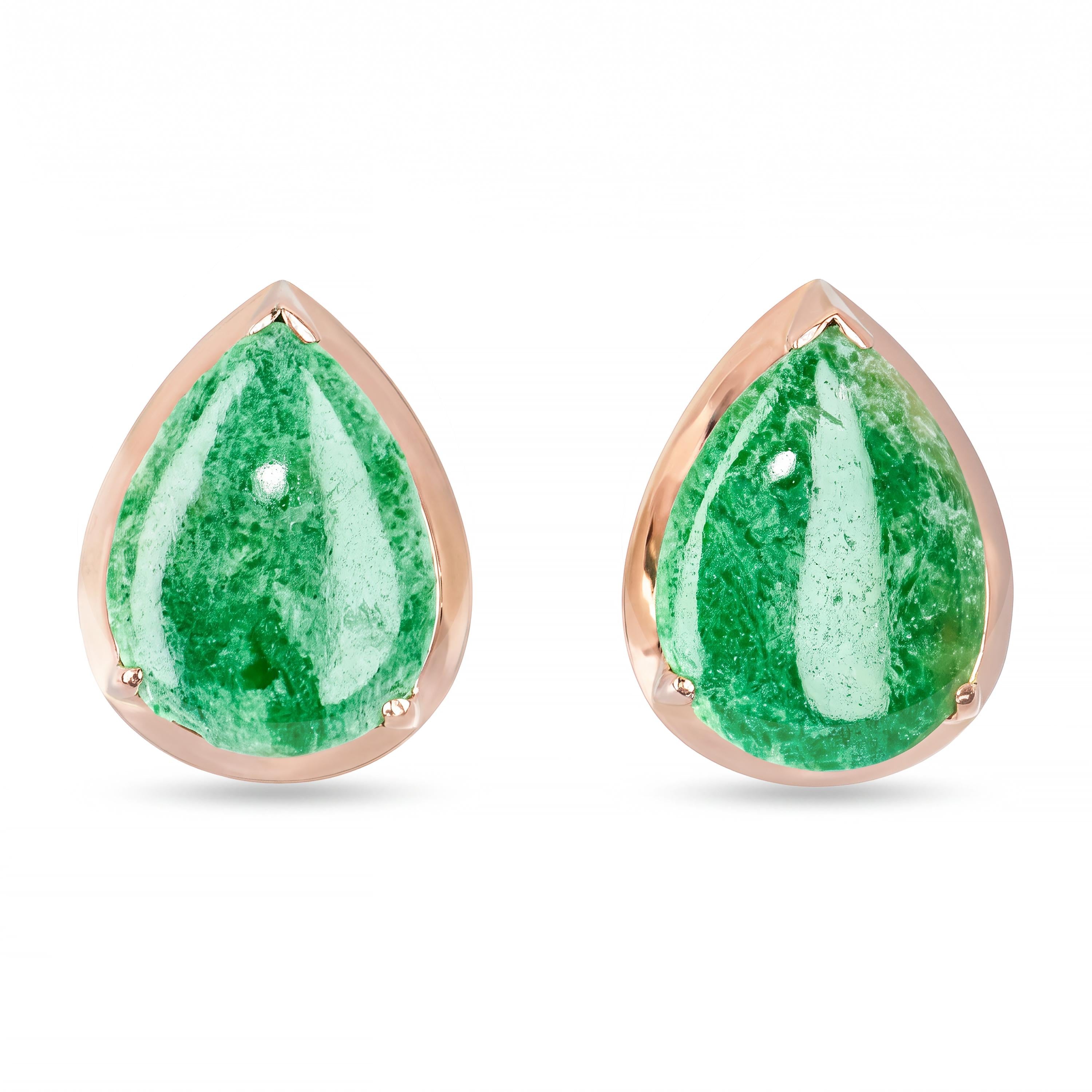Vintage 13k Rose Gold Jade Pear Shape Stud Earrings