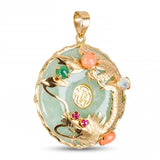 Vintage Yellow Gold Jade Multi Gemstone Dragon Chinese Fú Pendant