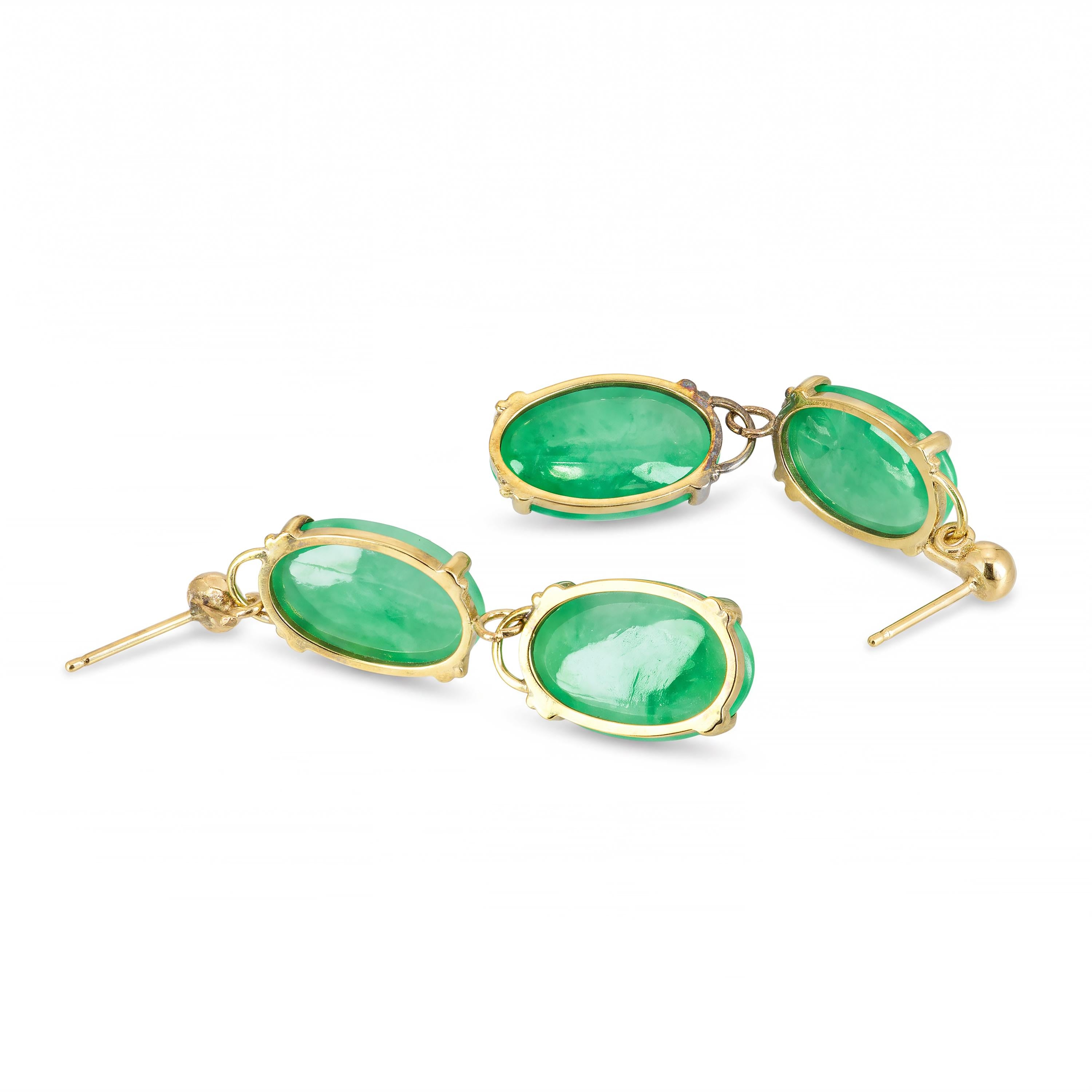 Vintage 11k Yellow Gold Jadeite Dangle Earrings