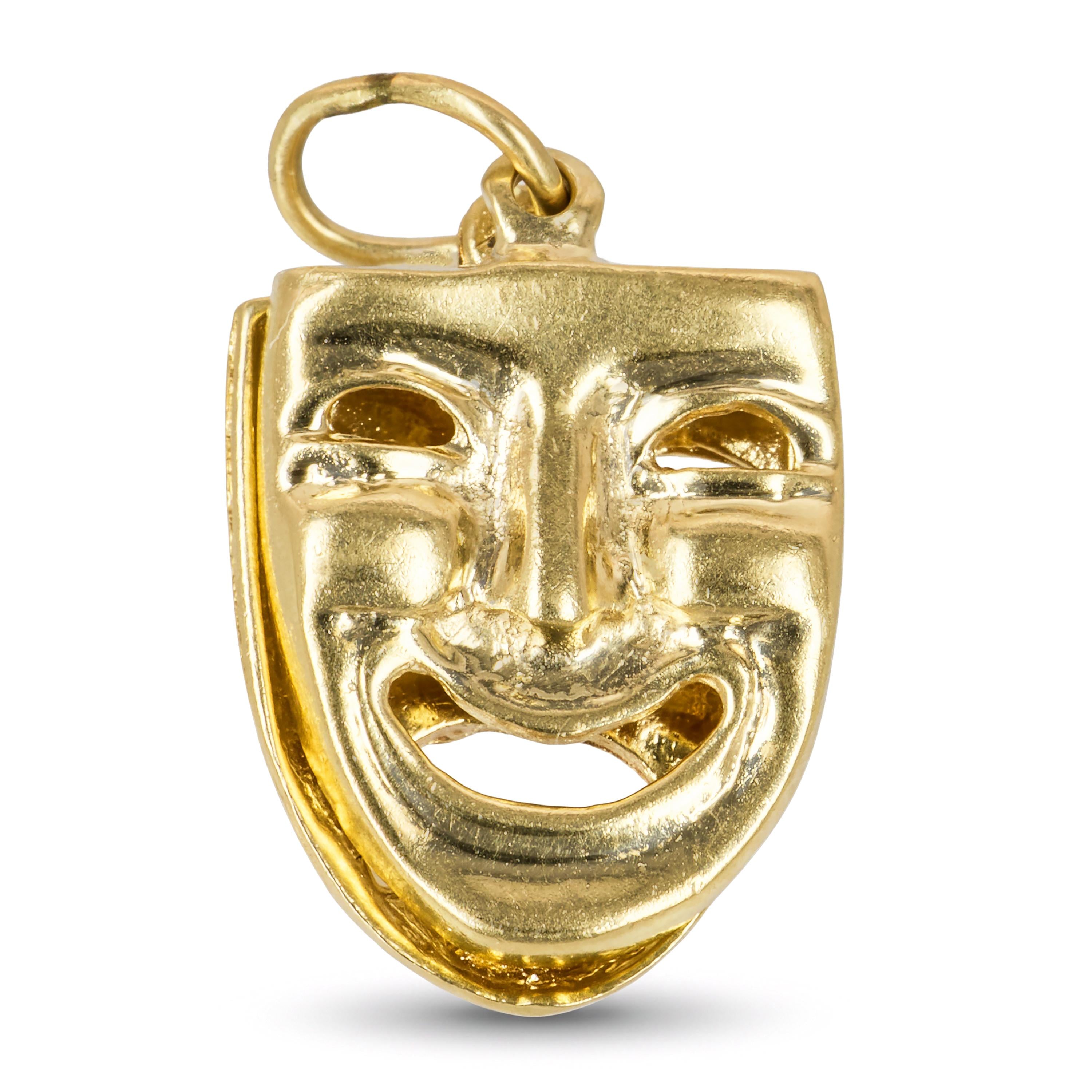 Vintage Yellow Gold Theater Masks Dangle Charm Pendant
