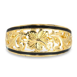 Vintage 14k Yellow Gold Black Enamel Floral Openwork Ring
