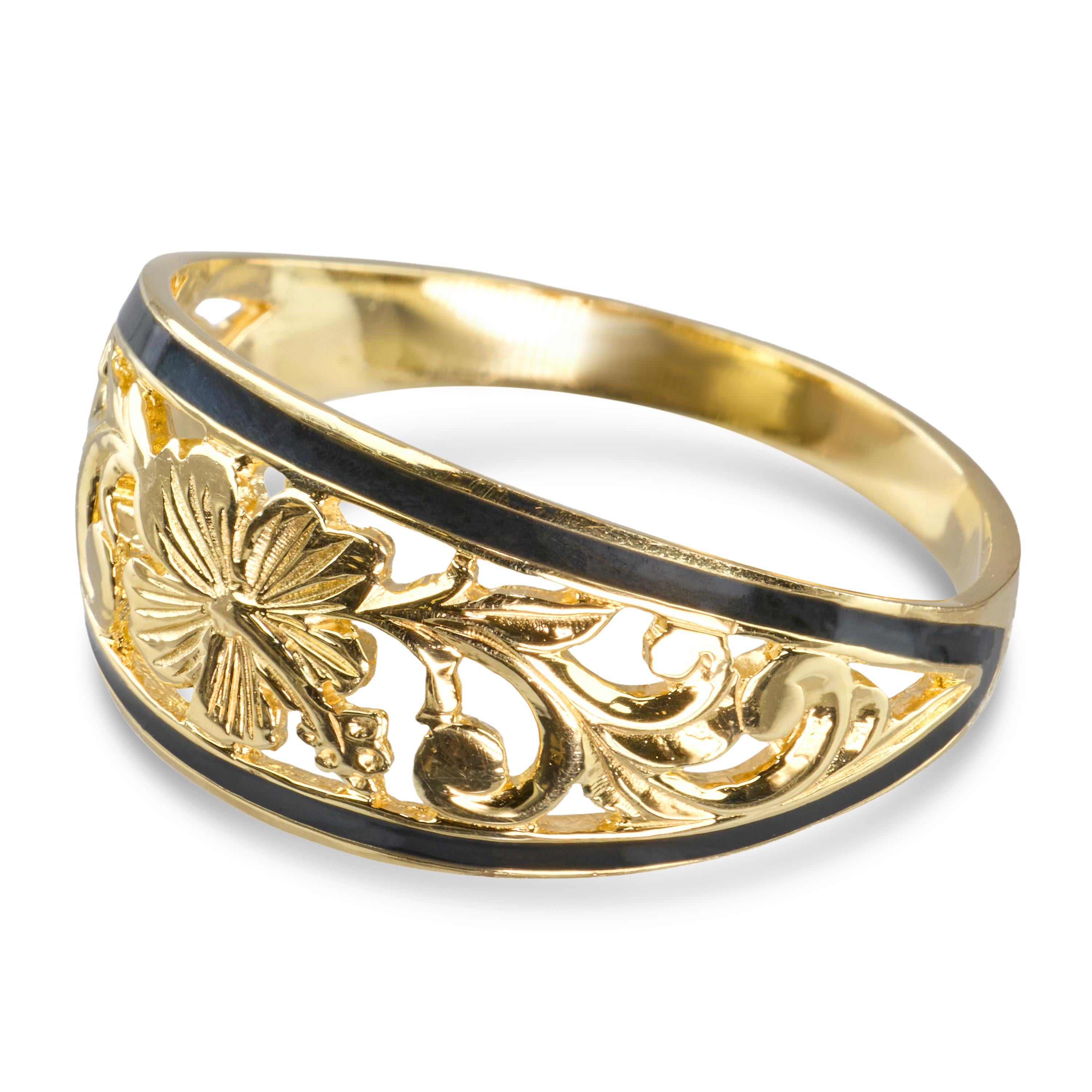 Vintage 14k Yellow Gold Black Enamel Floral Openwork Ring