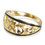 Vintage 14k Yellow Gold Black Enamel Floral Openwork Ring