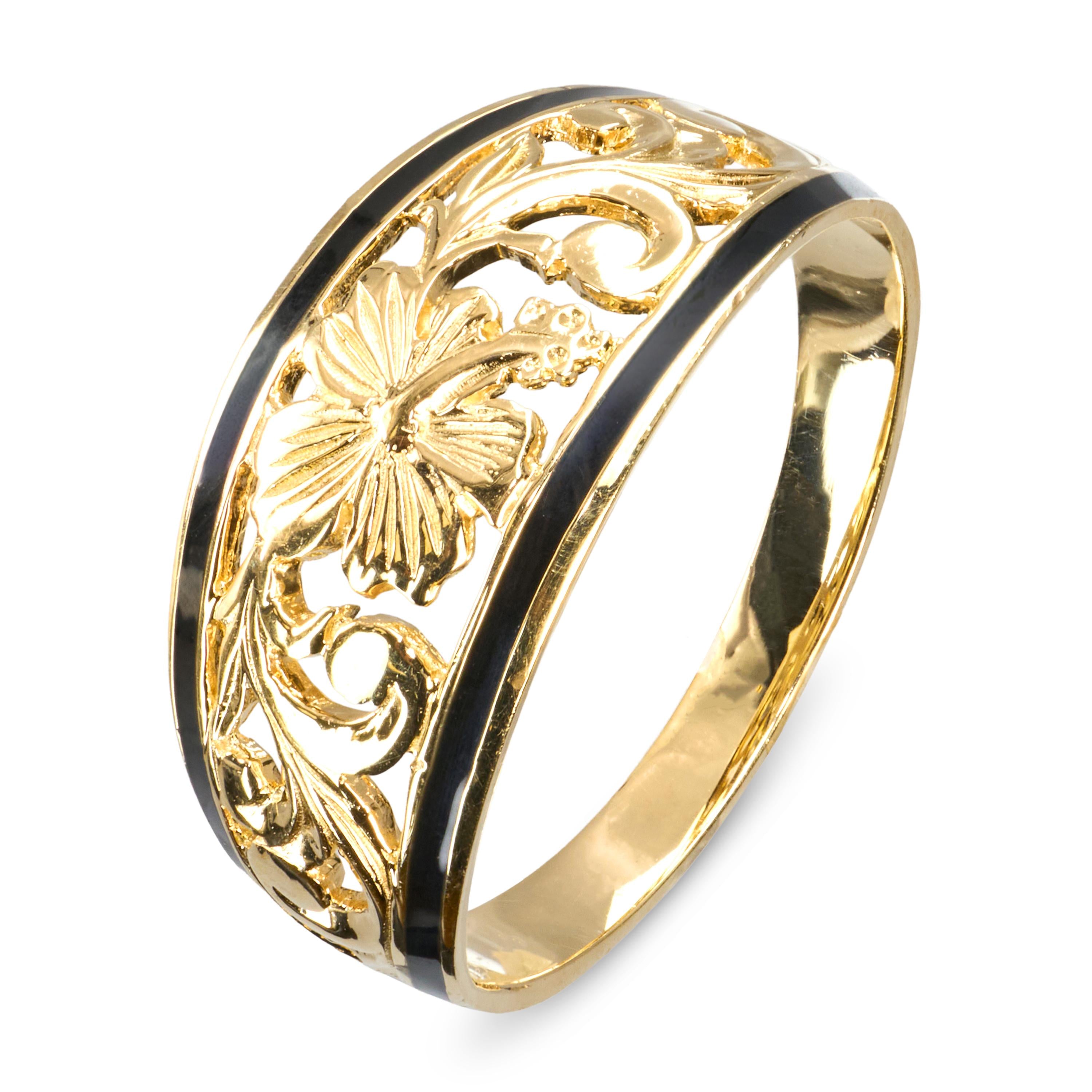 Vintage 14k Yellow Gold Black Enamel Floral Openwork Ring