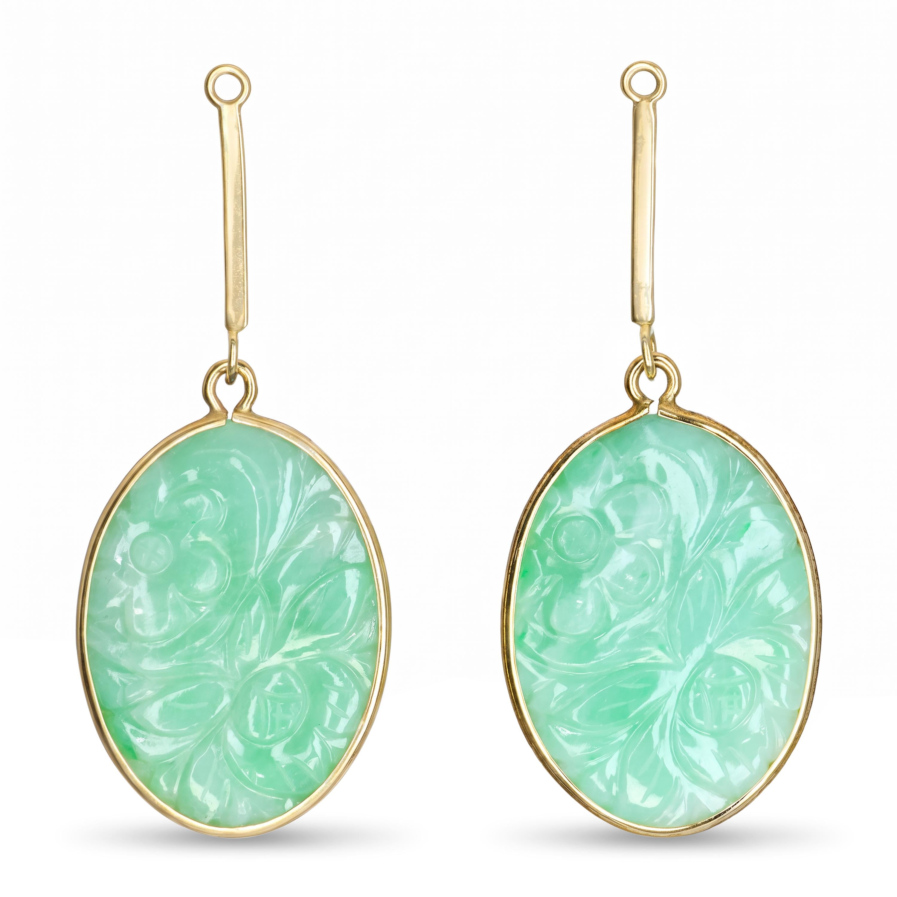 Vintage 14k Yellow Gold Carved Jadeite Floral Motif Dangle Earring Jackets