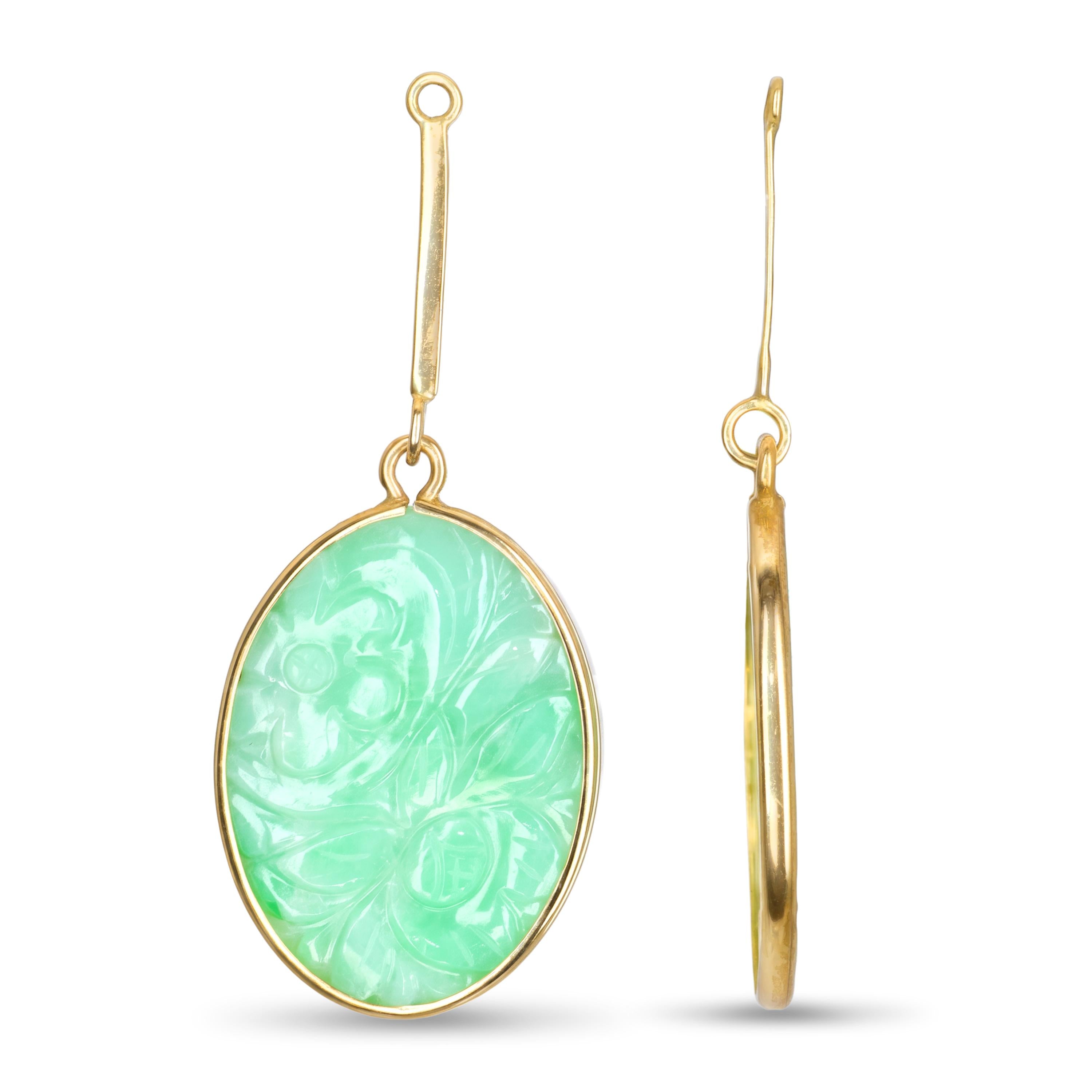 Vintage 14k Yellow Gold Carved Jadeite Floral Motif Dangle Earring Jackets