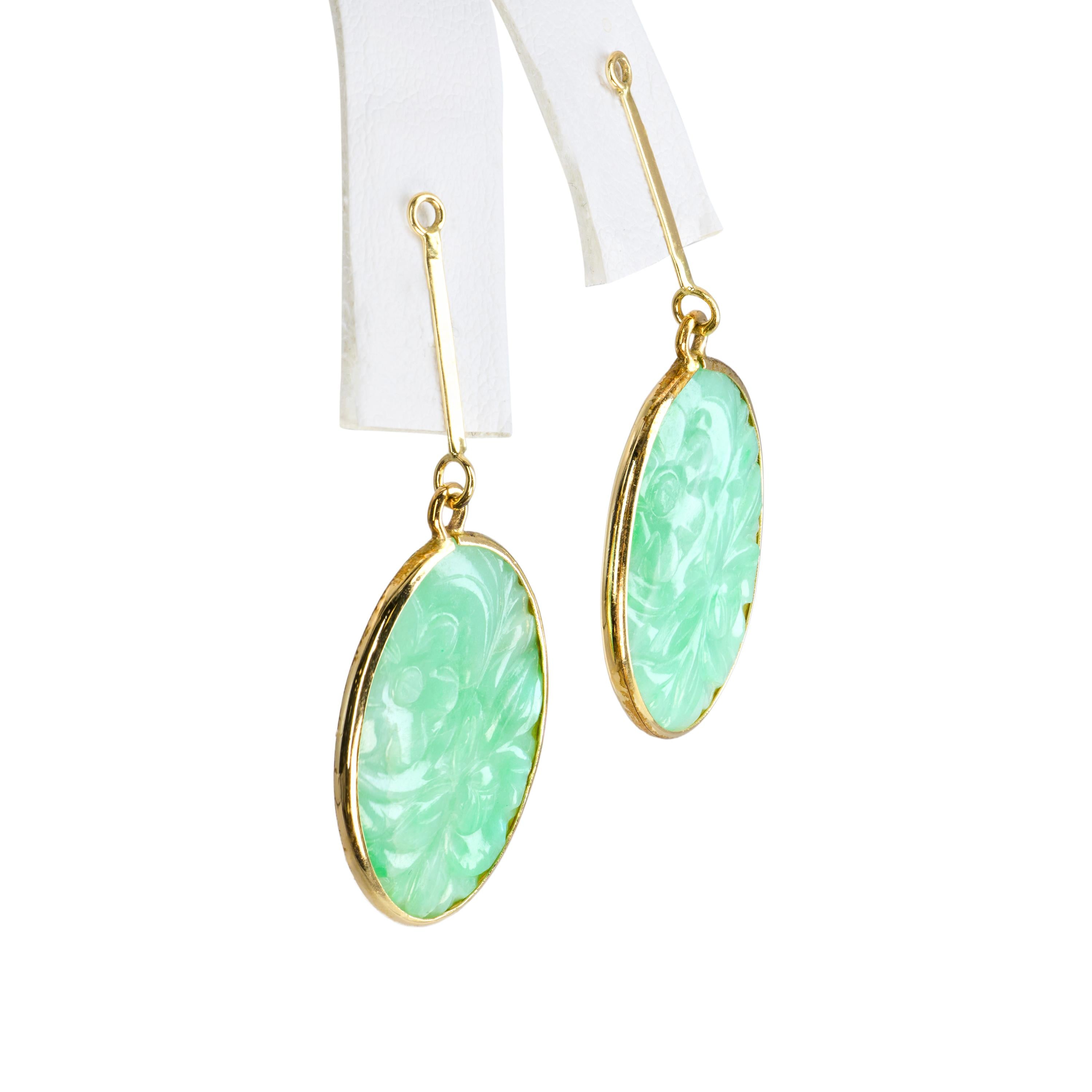 Vintage 14k Yellow Gold Carved Jadeite Floral Motif Dangle Earring Jackets