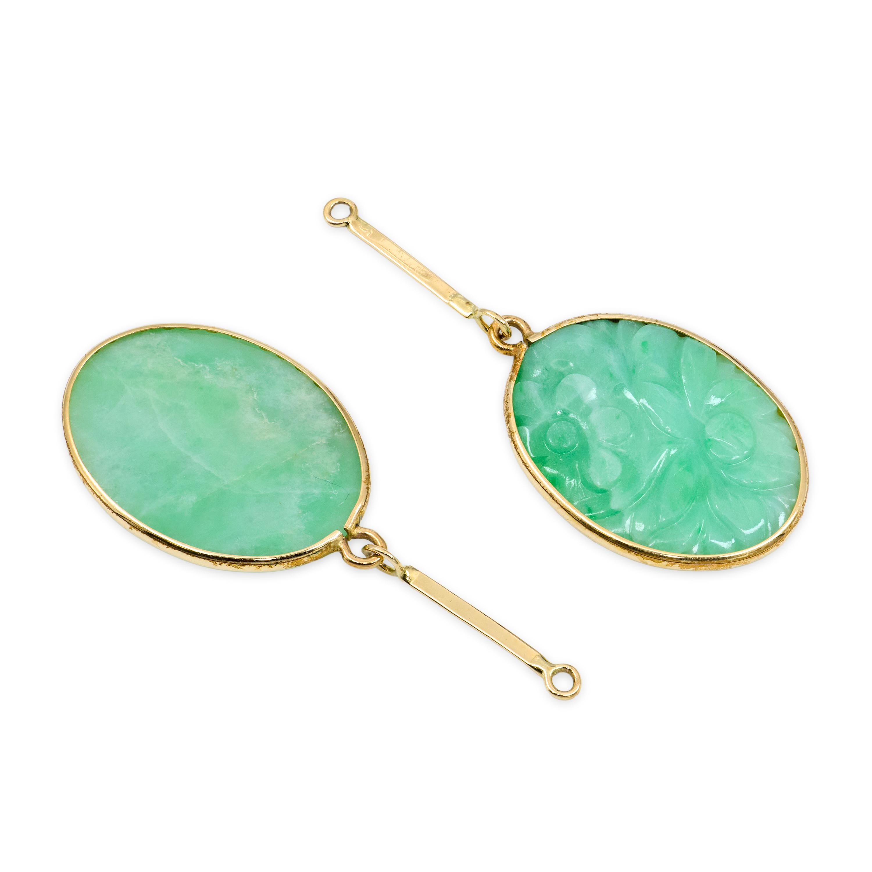 Vintage 14k Yellow Gold Carved Jadeite Floral Motif Dangle Earring Jackets