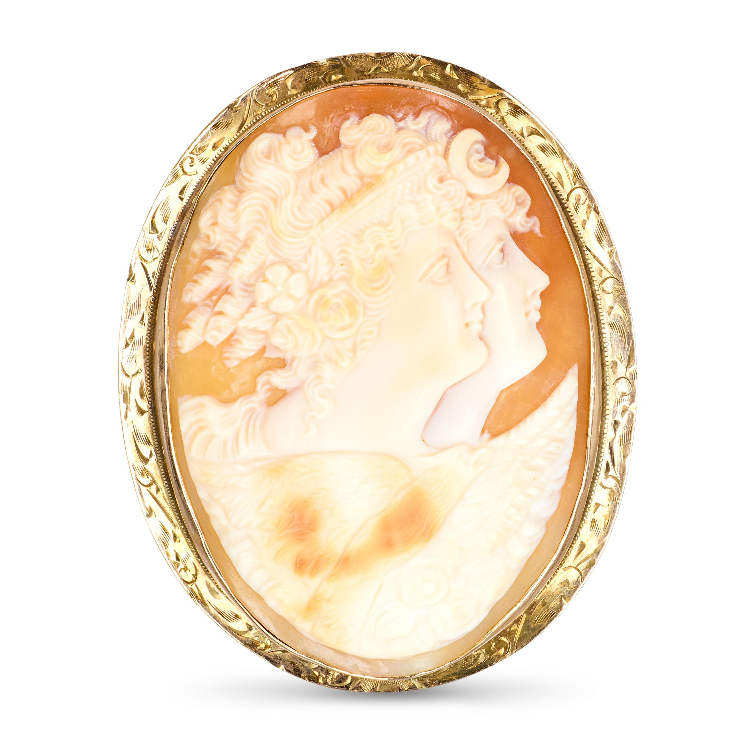 Antique Victorian 11k Yellow Gold Cameo Allegory of Day and Night Pendant Brooch