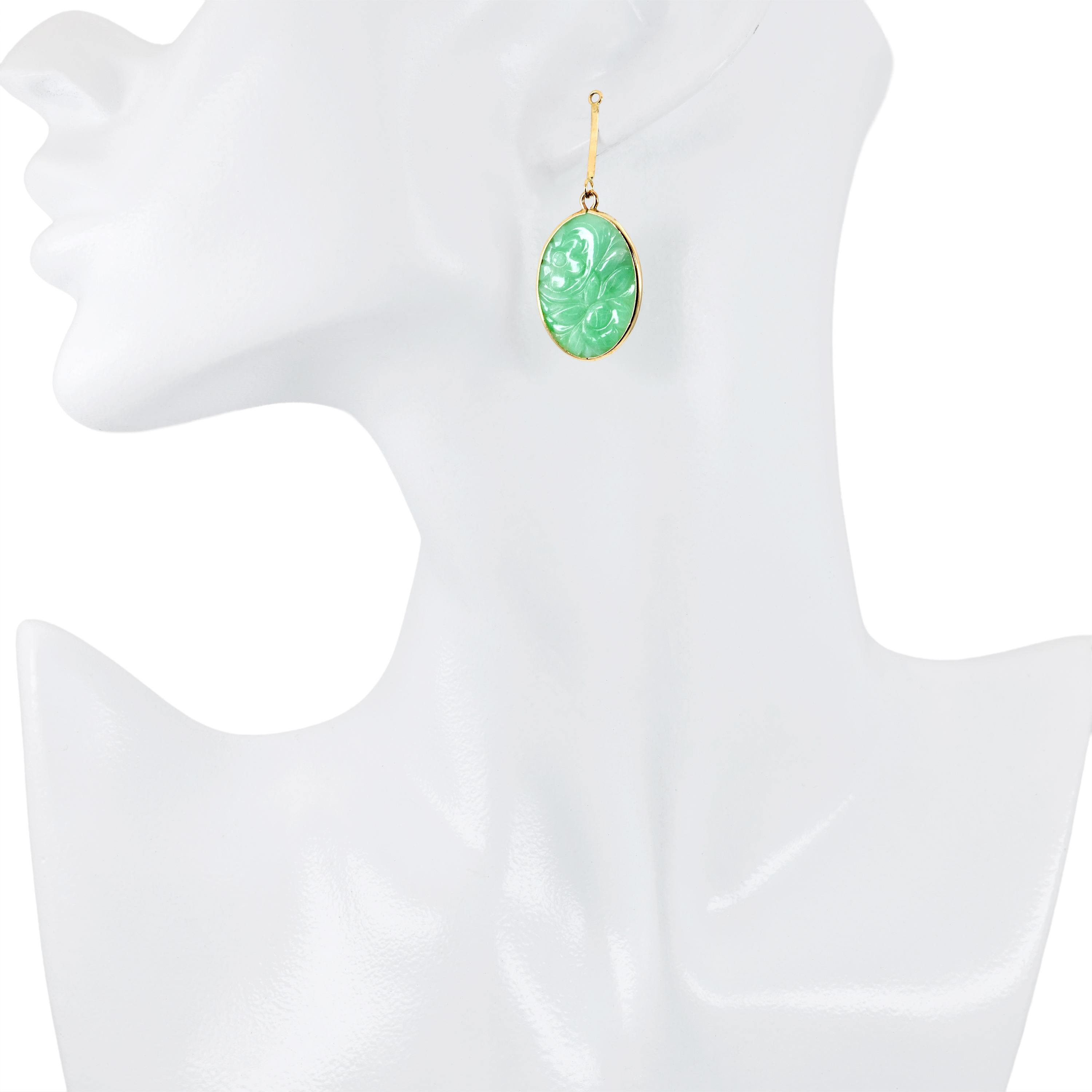 Vintage 14k Yellow Gold Carved Jadeite Floral Motif Dangle Earring Jackets
