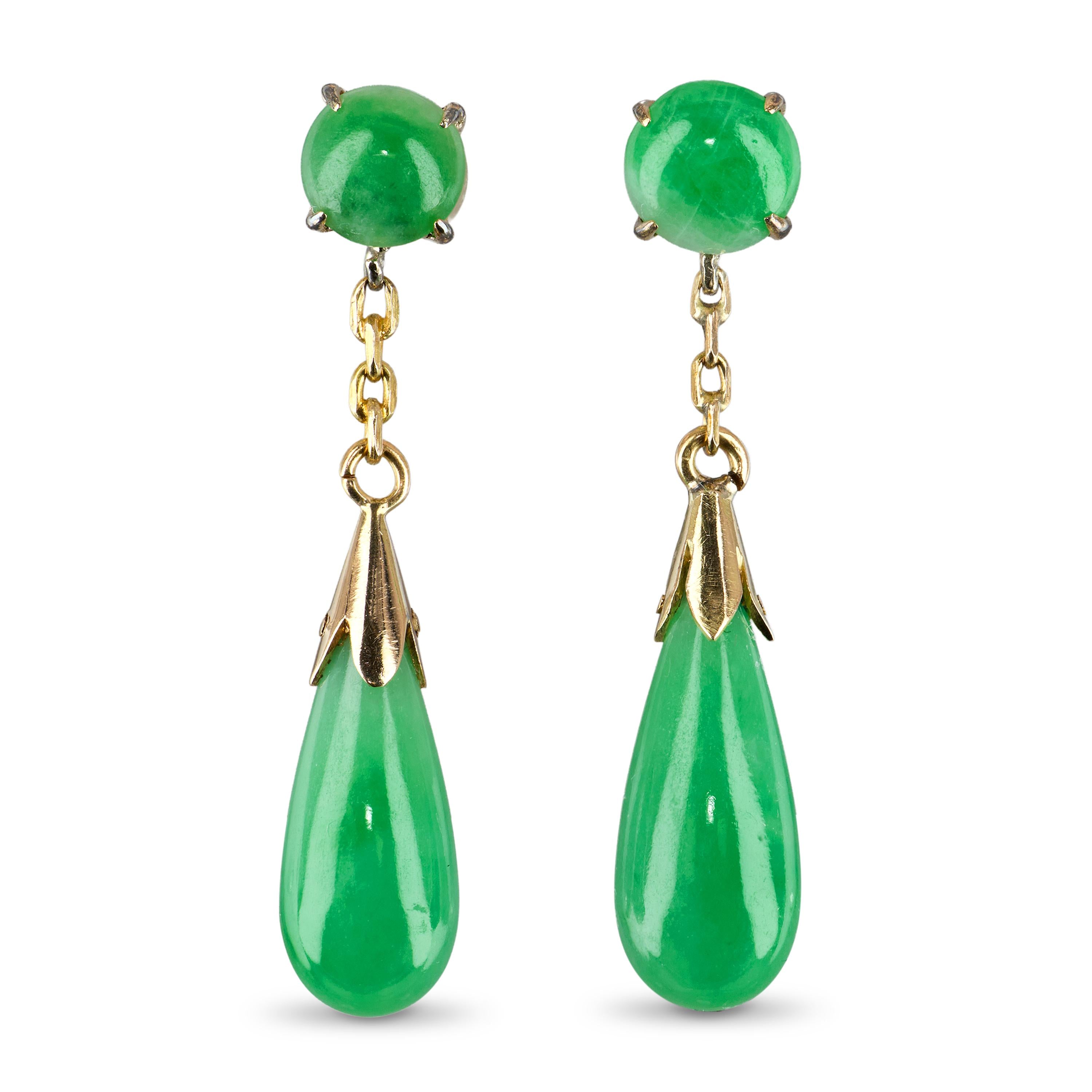 Vintage Yellow Gold Green Jadeite Dangle Earrings