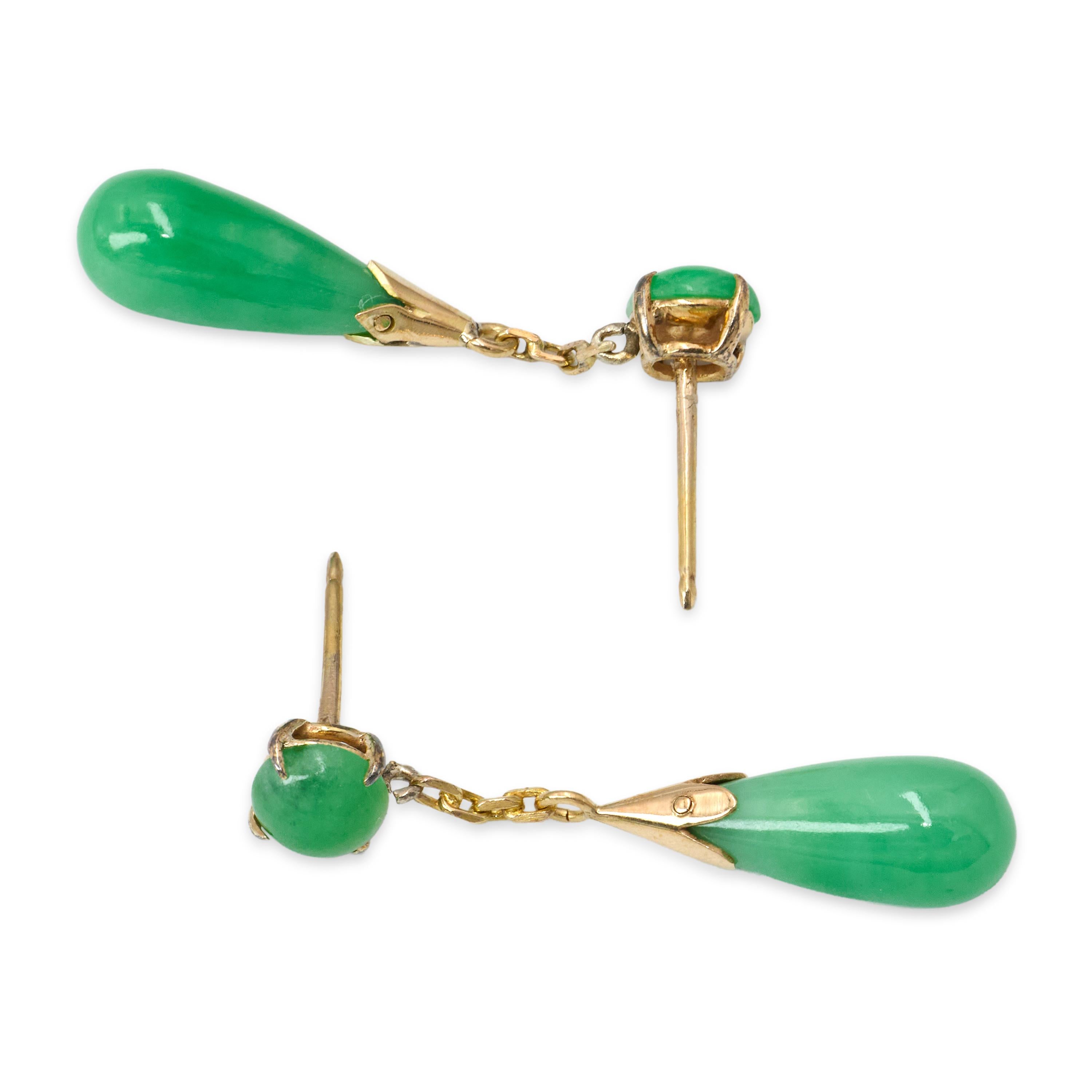 Vintage Yellow Gold Green Jadeite Dangle Earrings
