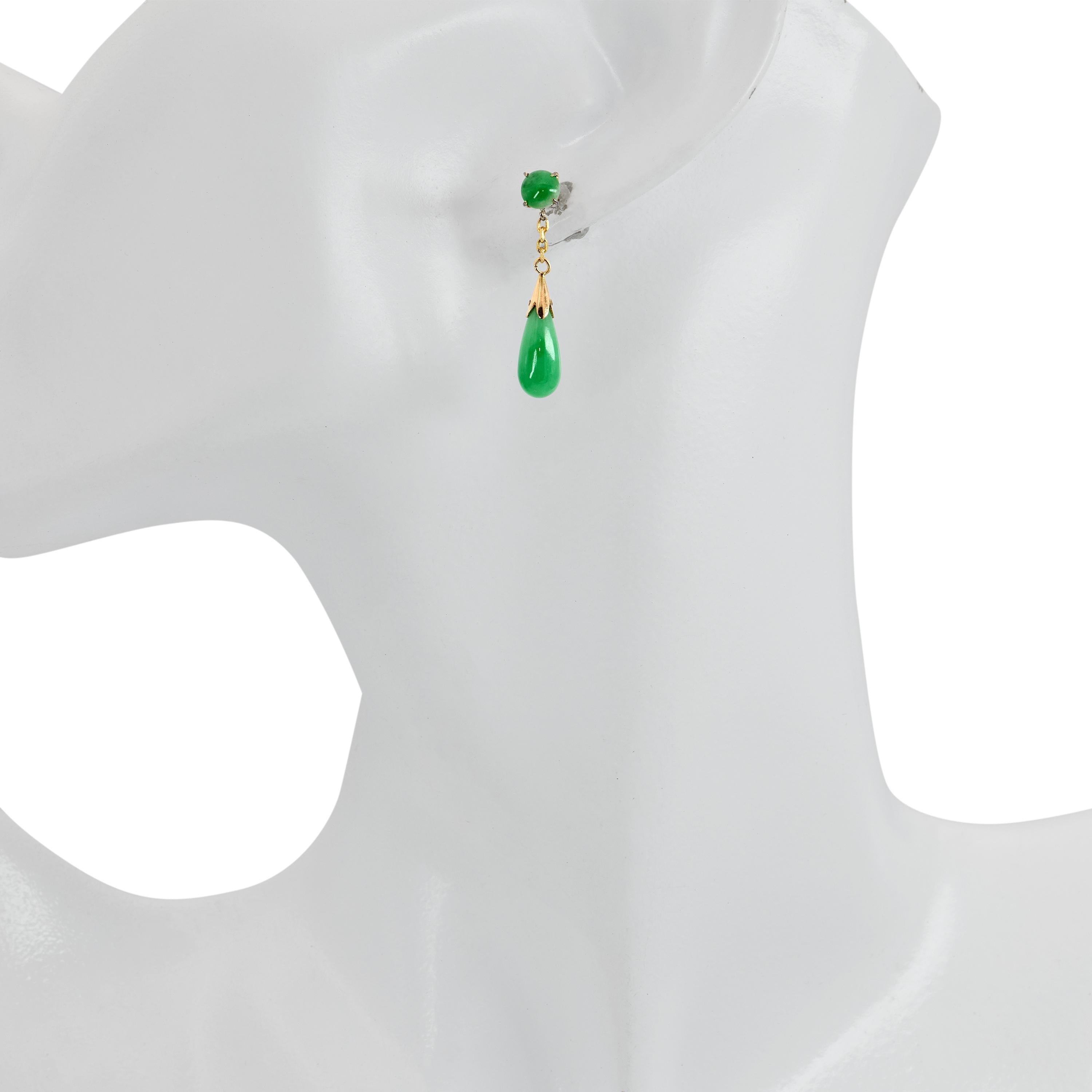 Vintage Yellow Gold Green Jadeite Dangle Earrings
