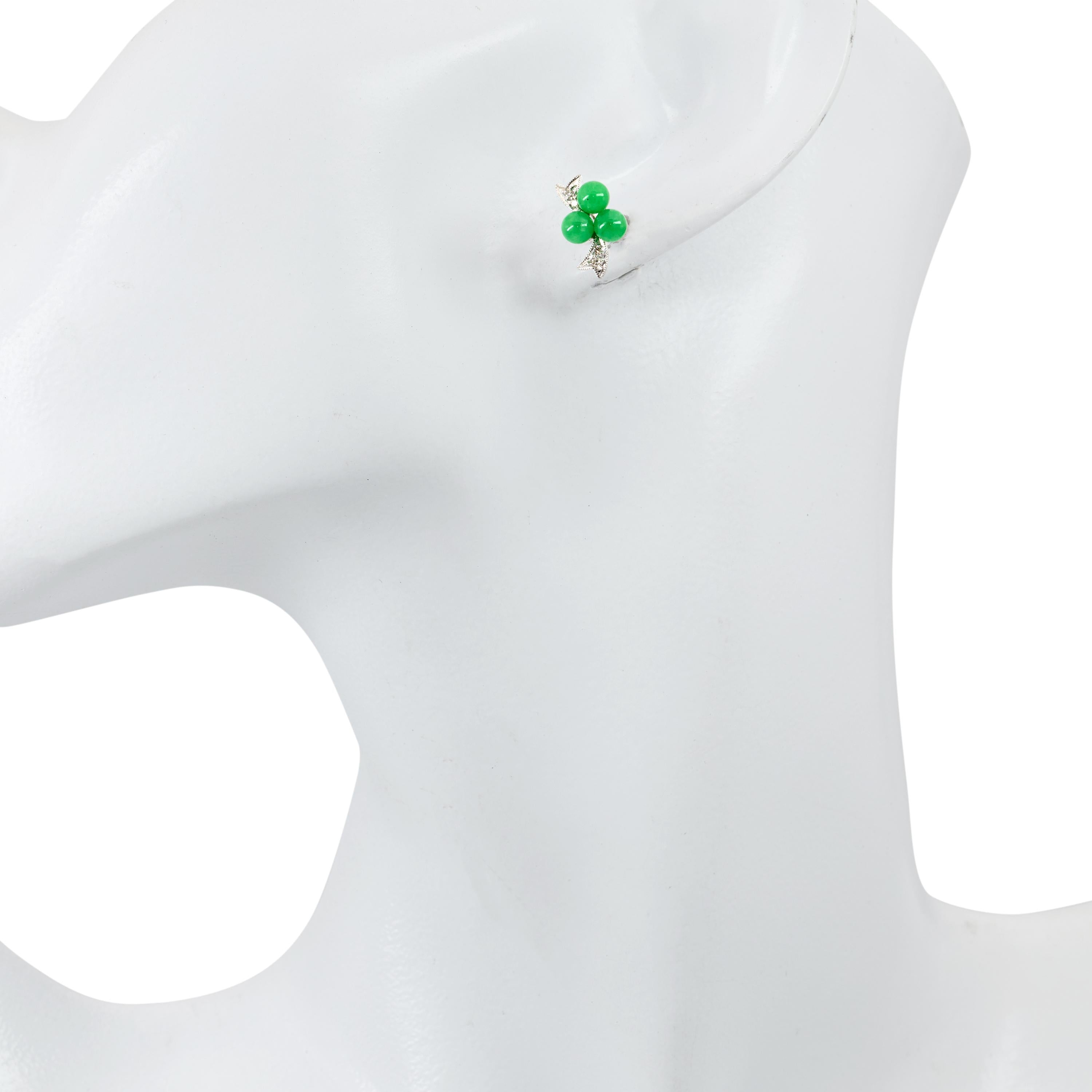 Vintage 15k White Gold Jade and Diamond Stud Earrings