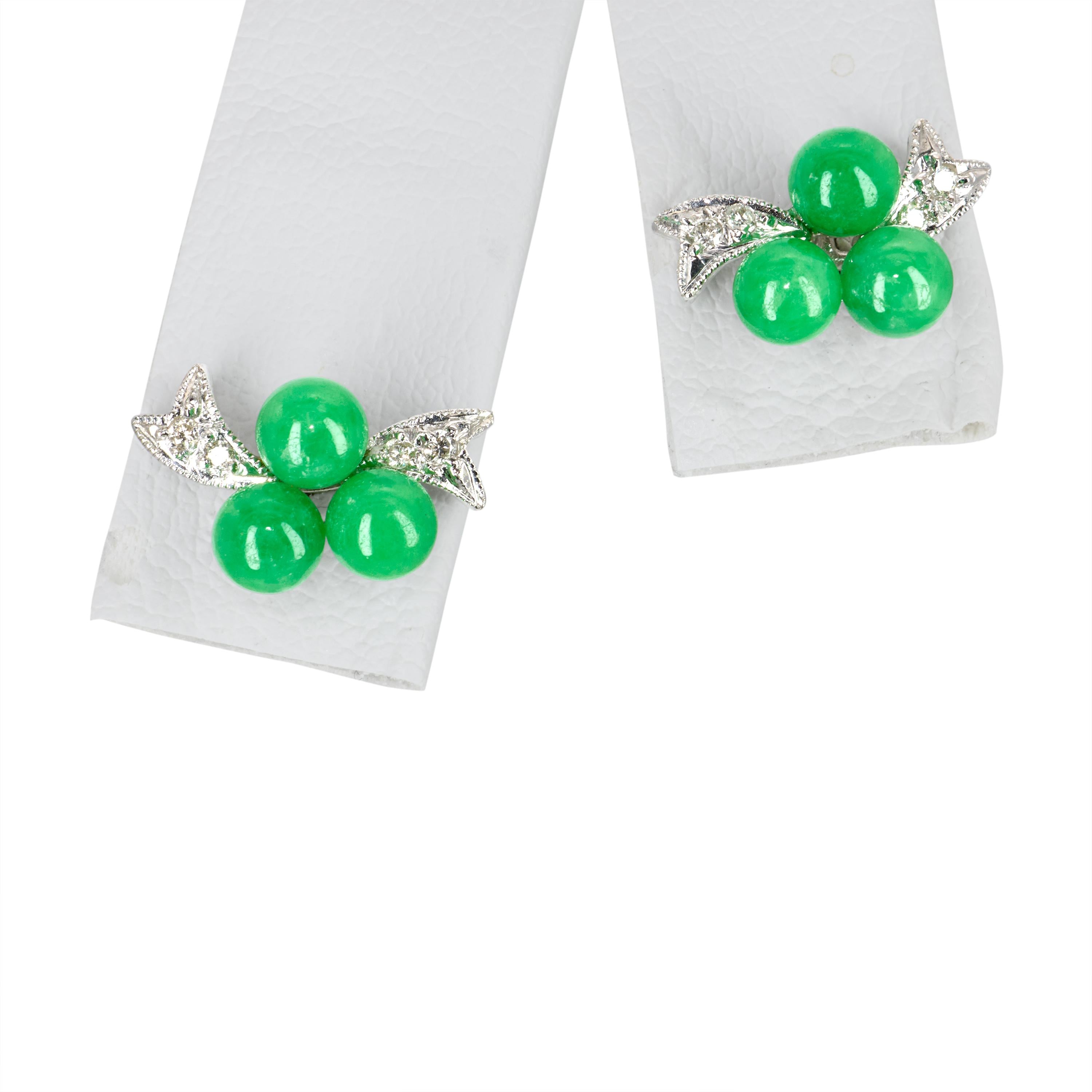 Vintage 15k White Gold Jade and Diamond Stud Earrings