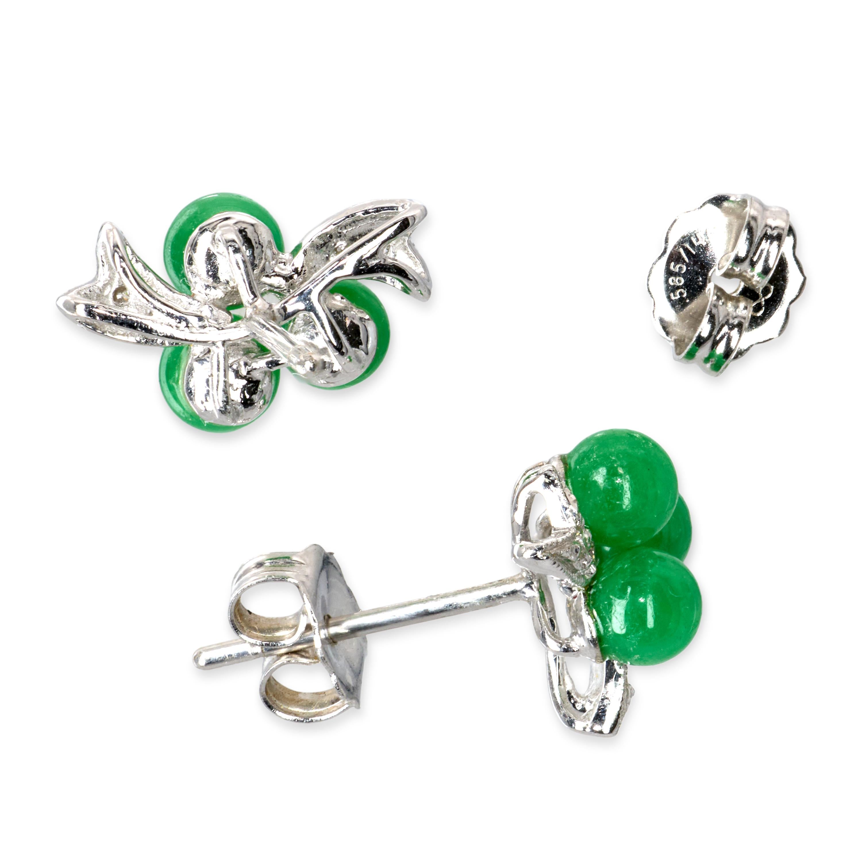 Vintage 15k White Gold Jade and Diamond Stud Earrings