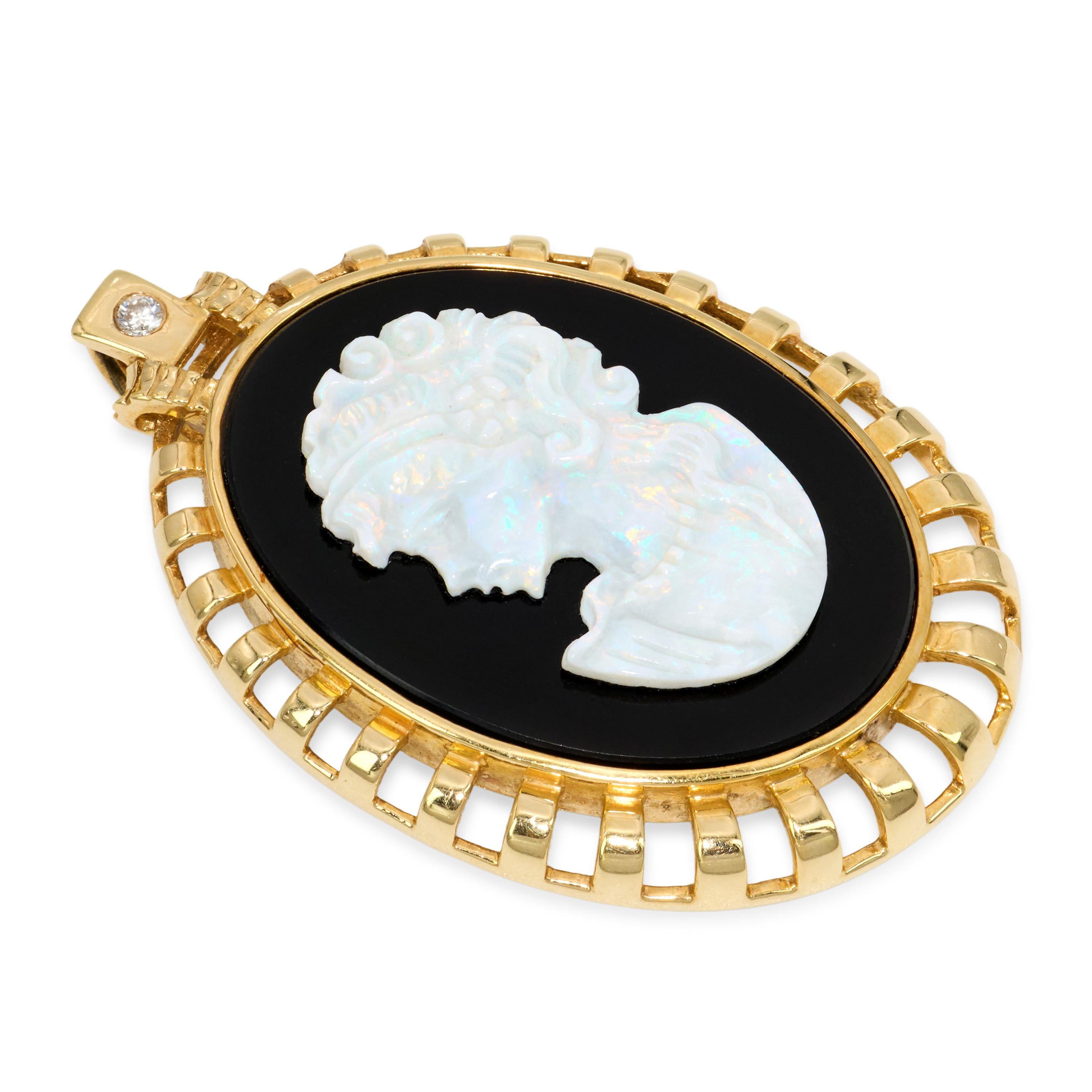 Vintage 18k Yellow Gold Opal and Black Onyx Cameo Pendant
