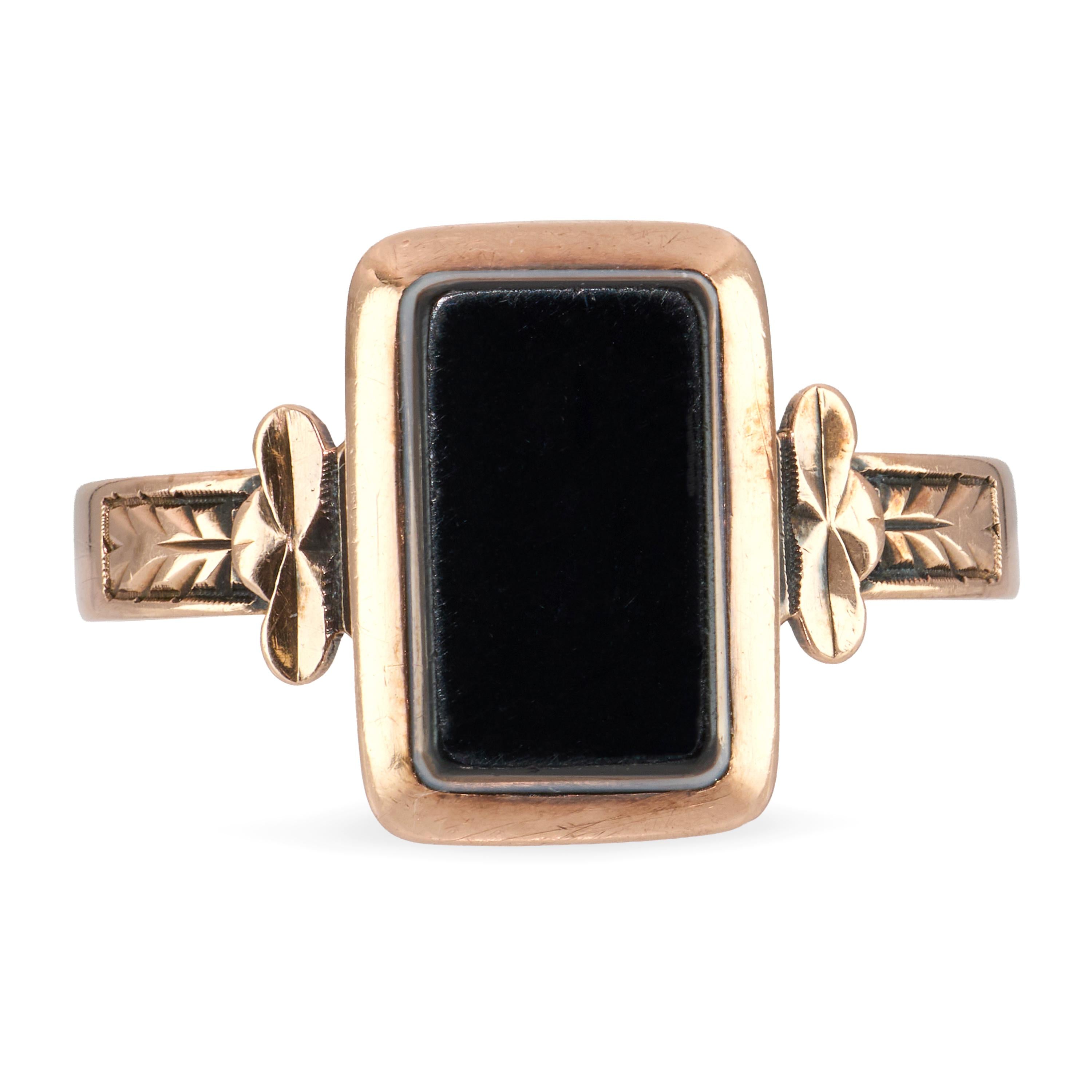 Antique 10k Rose Gold Banded Onyx Engraved Ring