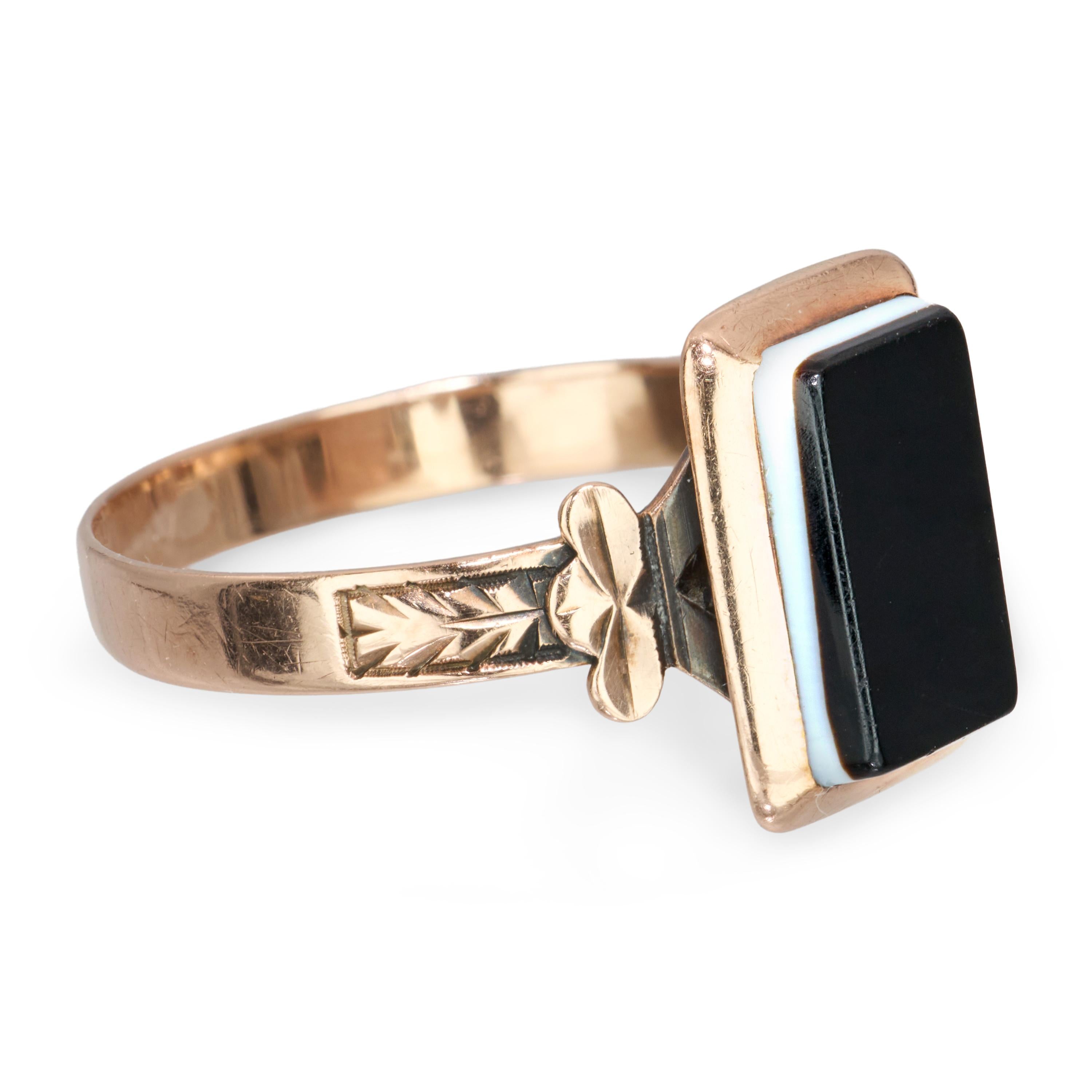 Antique 10k Rose Gold Banded Onyx Engraved Ring