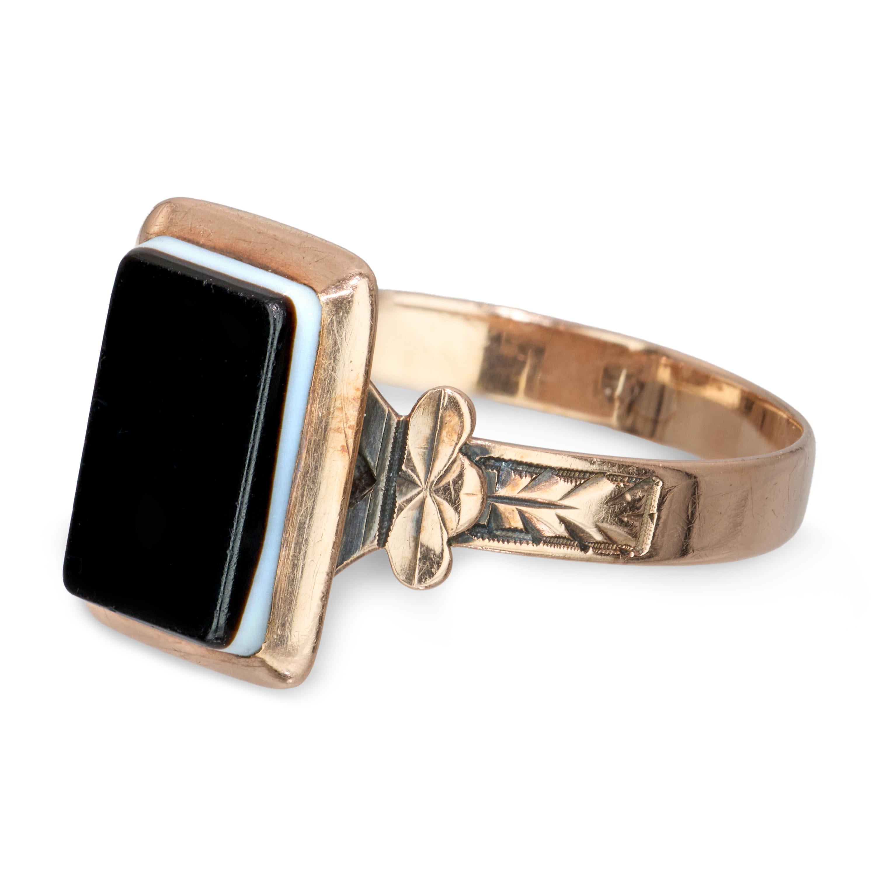 Antique 10k Rose Gold Banded Onyx Engraved Ring
