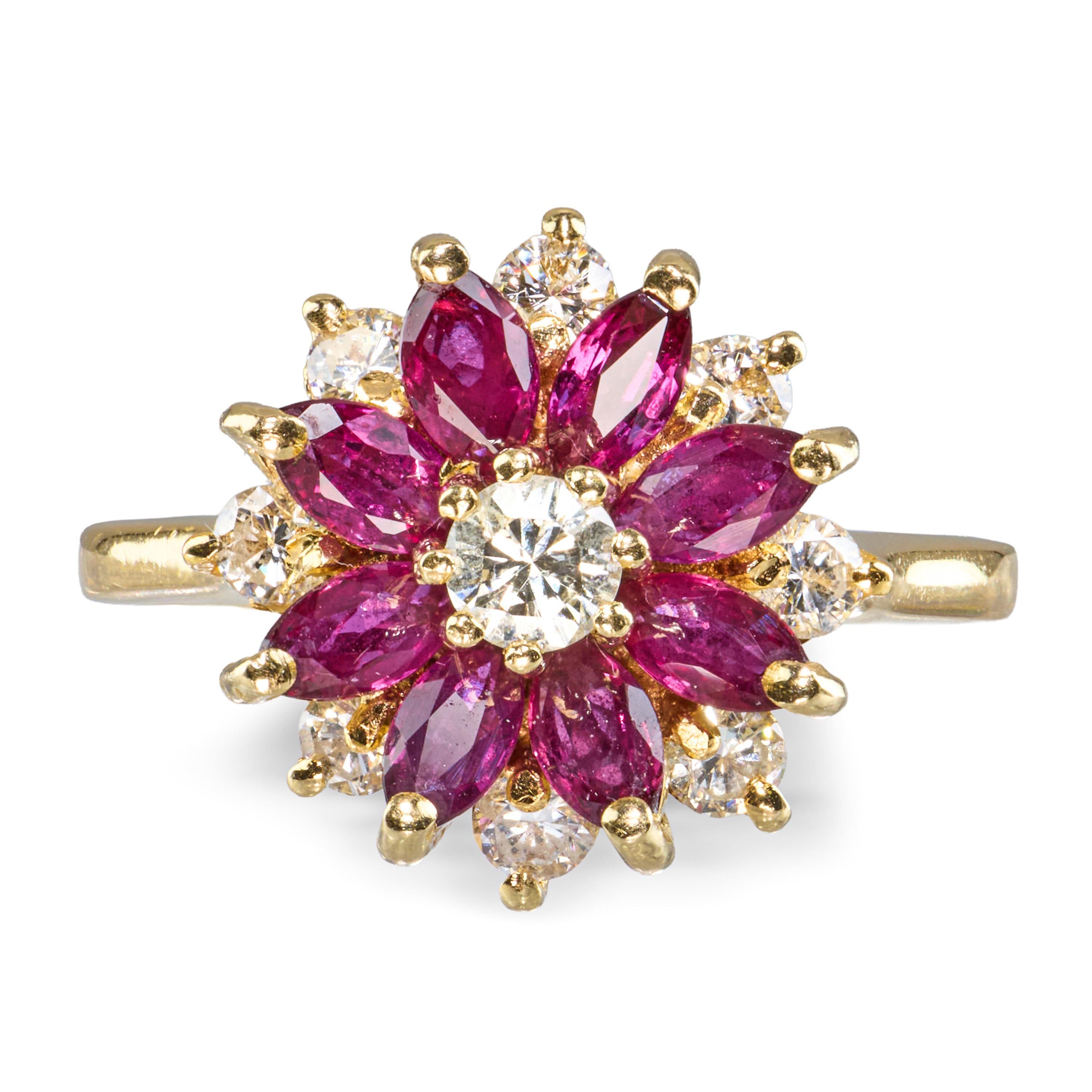 14k Yellow Gold Diamond and Ruby Floral Cluster Ring