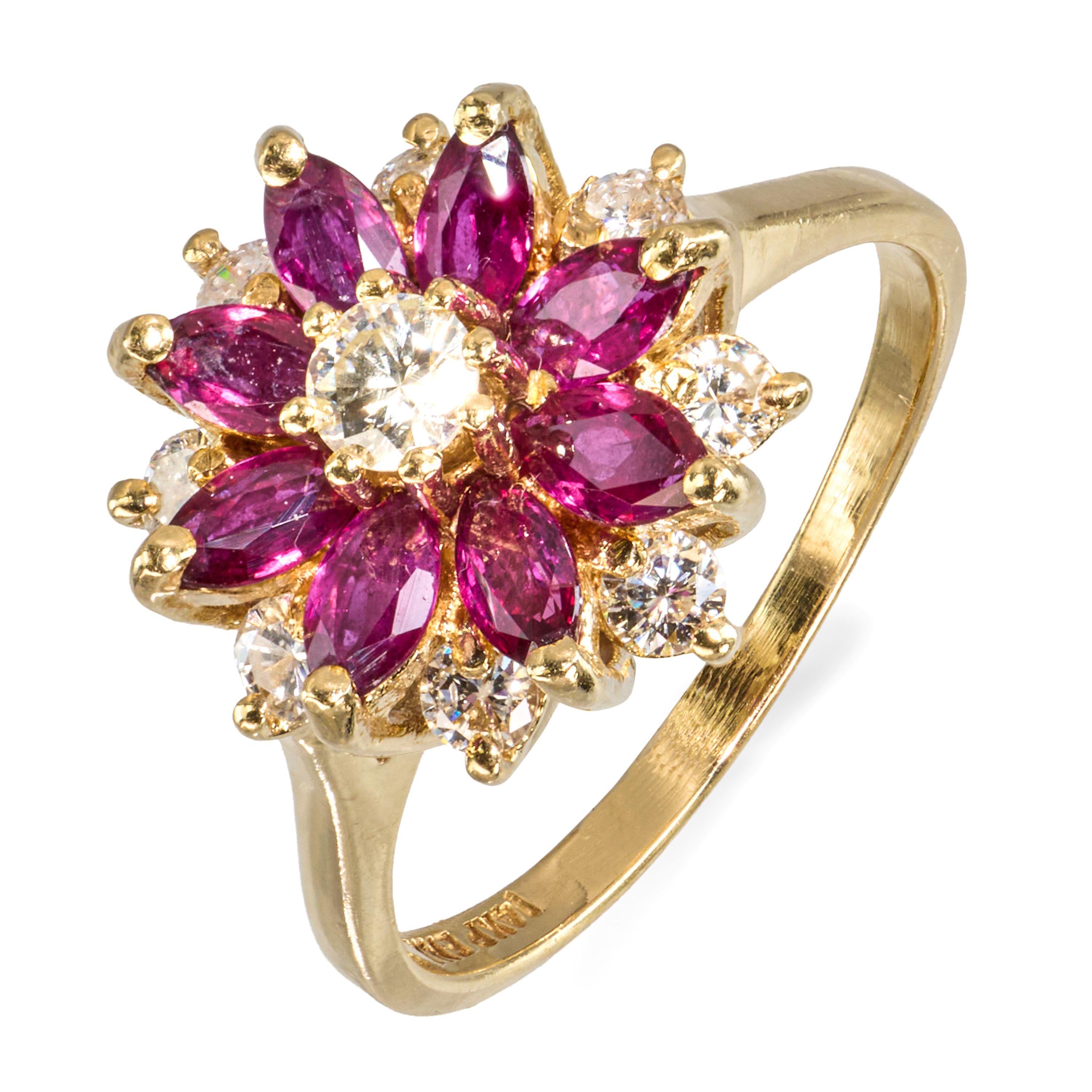 14k Yellow Gold Diamond and Ruby Floral Cluster Ring