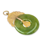 Vintage 17k Yellow Gold Palm Motif Jade Donut Pendant