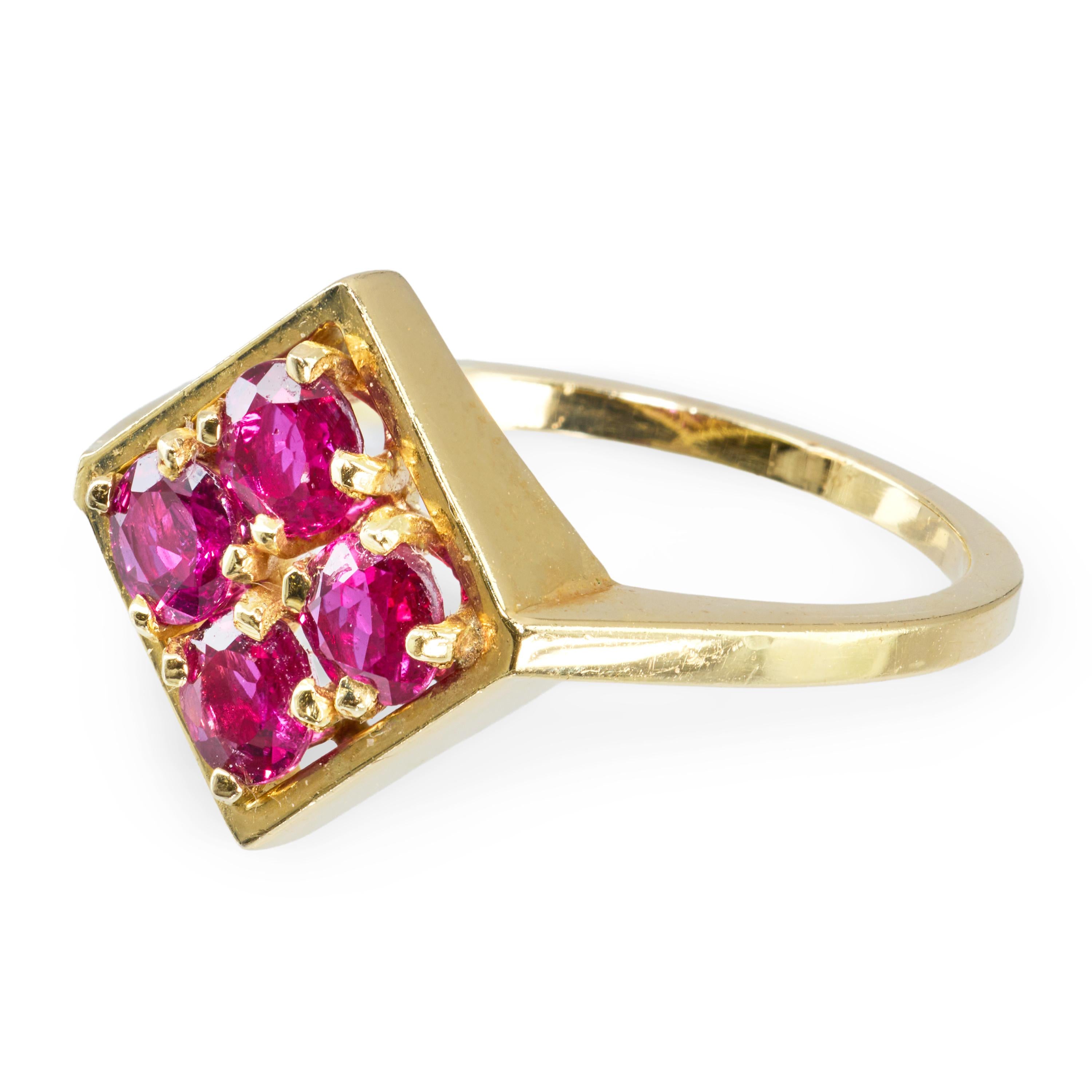 Vintage 14k Yellow Gold Geometric Ruby Pave Ring