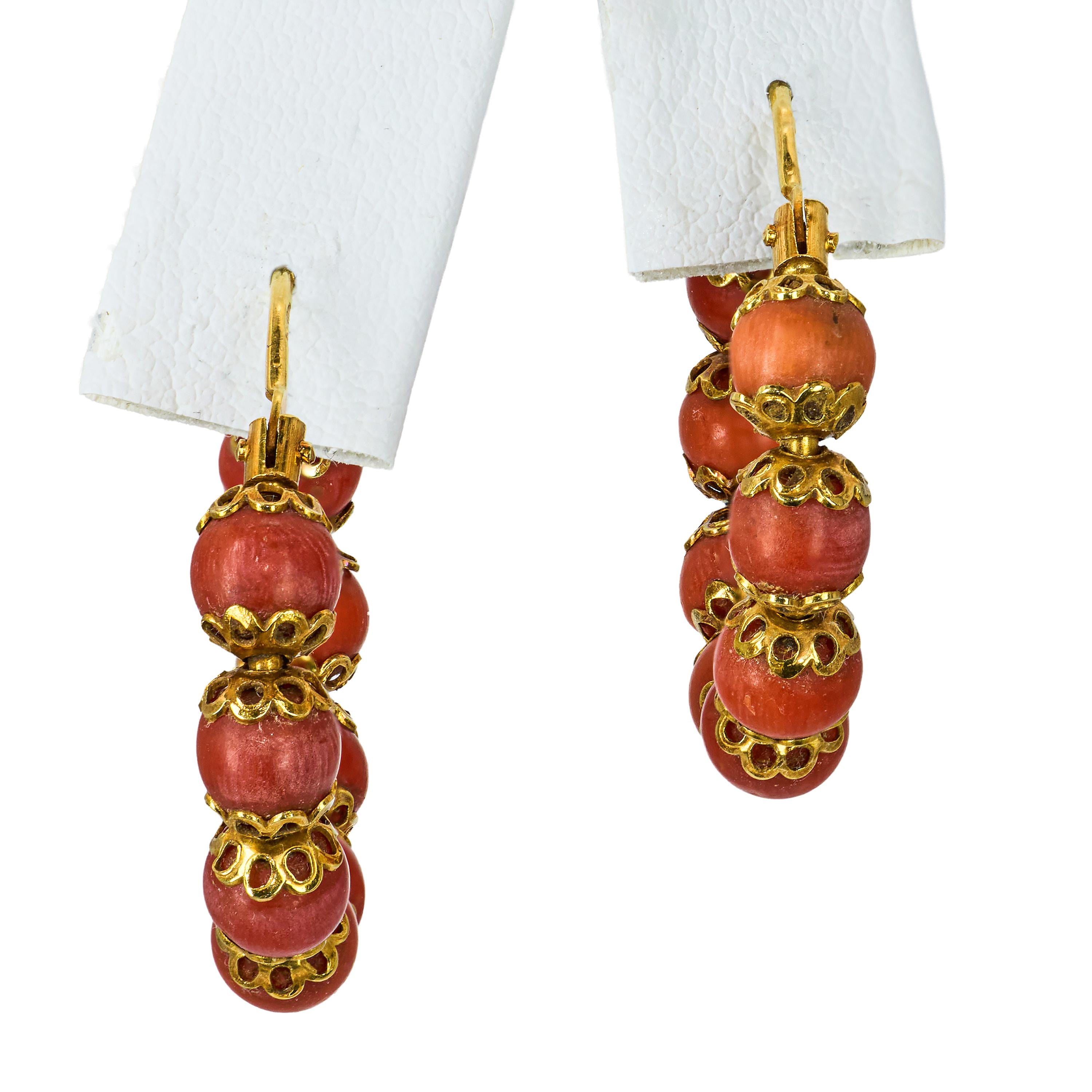 Antique 18k Yellow Gold Coral Bead Hoop Earrings