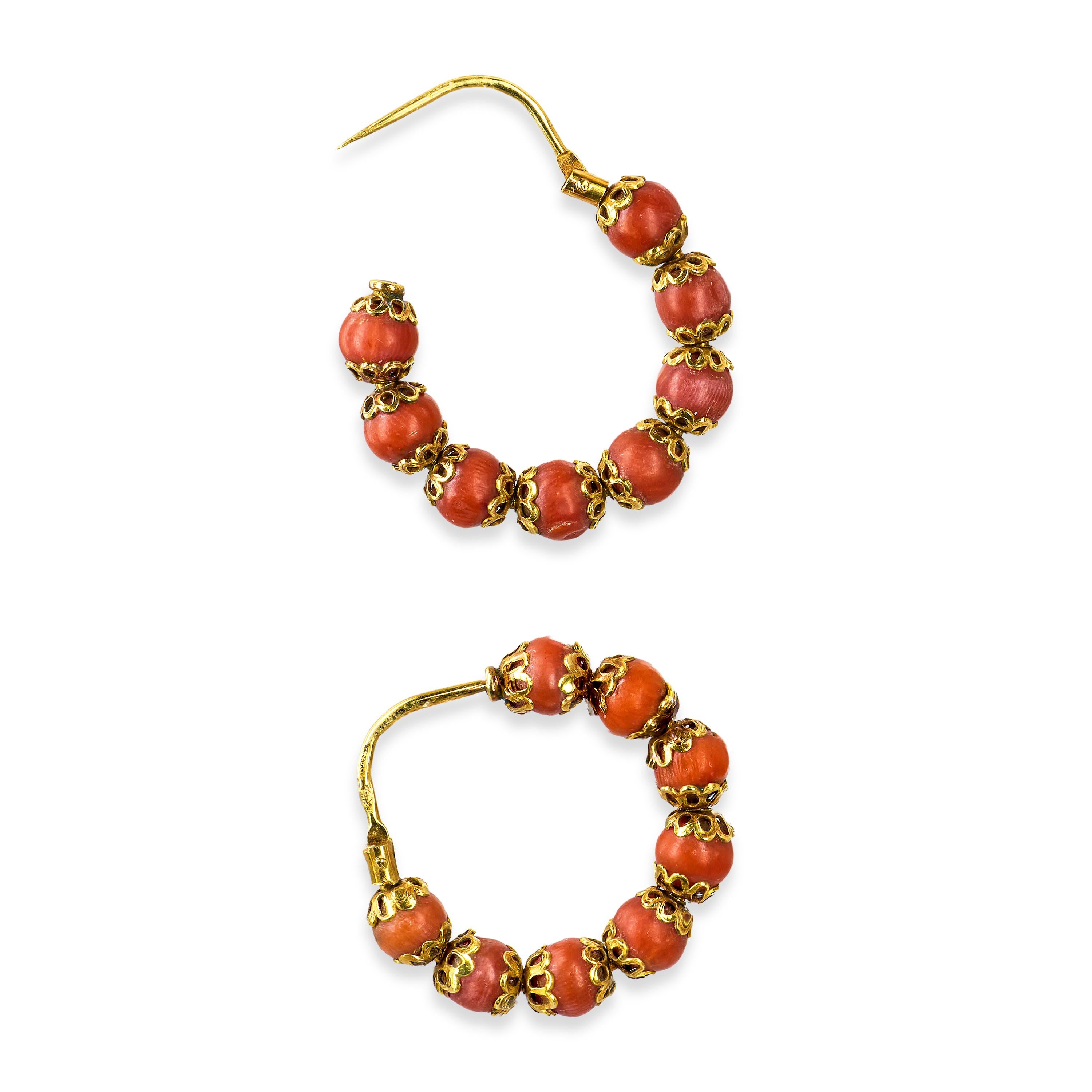 Antique 18k Yellow Gold Coral Bead Hoop Earrings