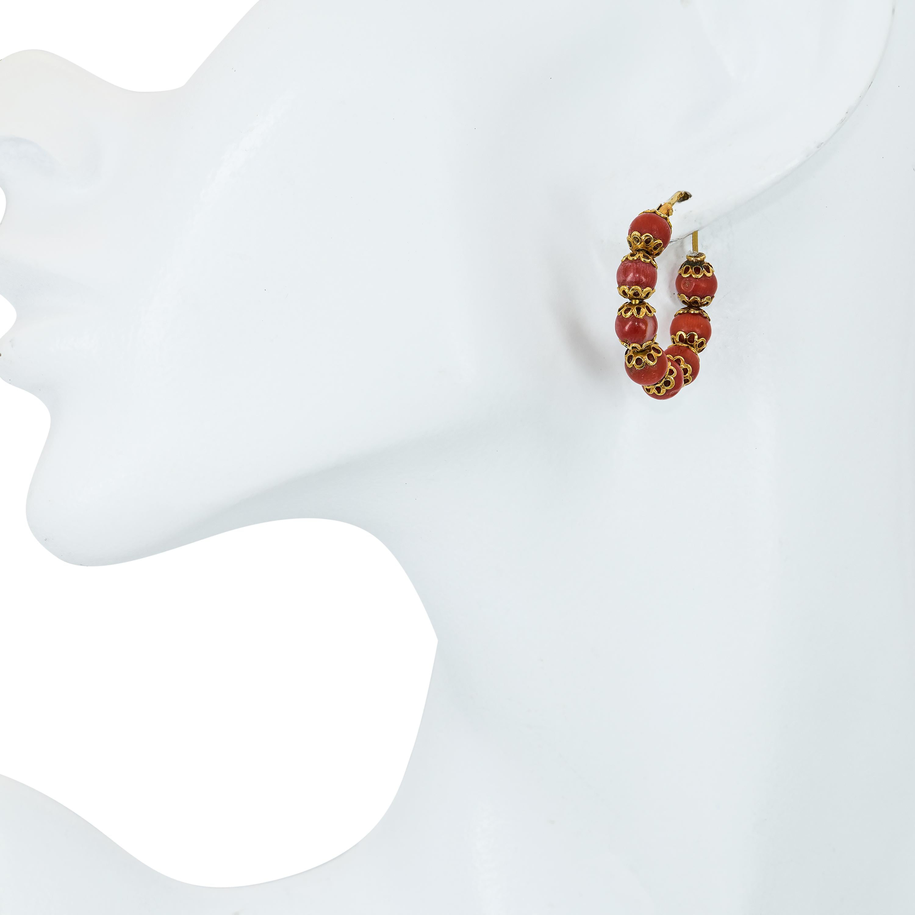 Antique 18k Yellow Gold Coral Bead Hoop Earrings