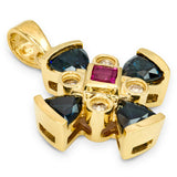 Vintage 13k Yellow Gold Sapphire, Diamond, and Ruby Cross Pendant