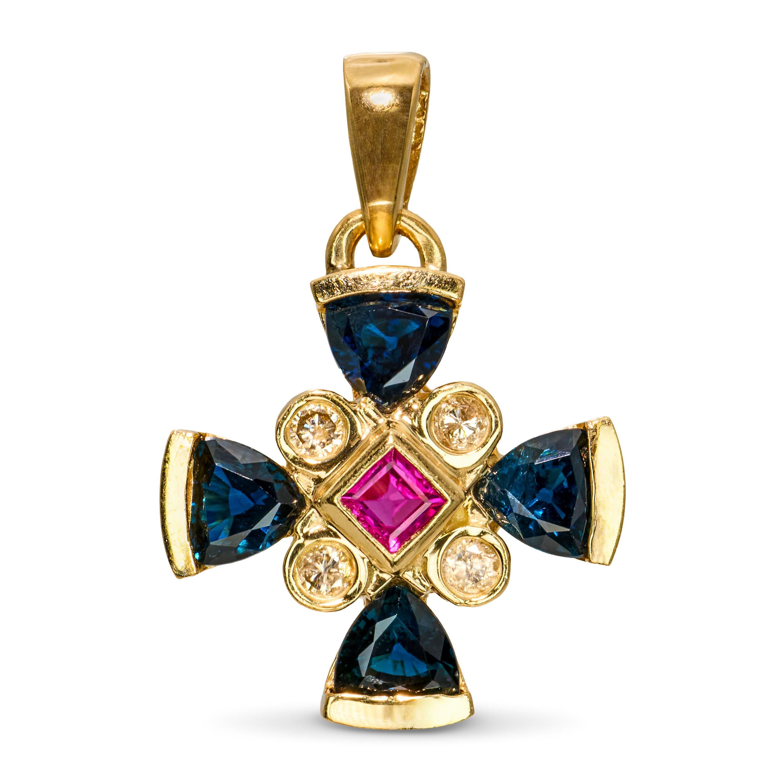 Vintage 13k Yellow Gold Sapphire, Diamond, and Ruby Cross Pendant