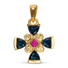 Vintage 13k Yellow Gold Sapphire, Diamond, and Ruby Cross Pendant