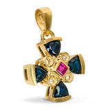 Vintage 13k Yellow Gold Sapphire, Diamond, and Ruby Cross Pendant