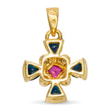 Vintage 13k Yellow Gold Sapphire, Diamond, and Ruby Cross Pendant