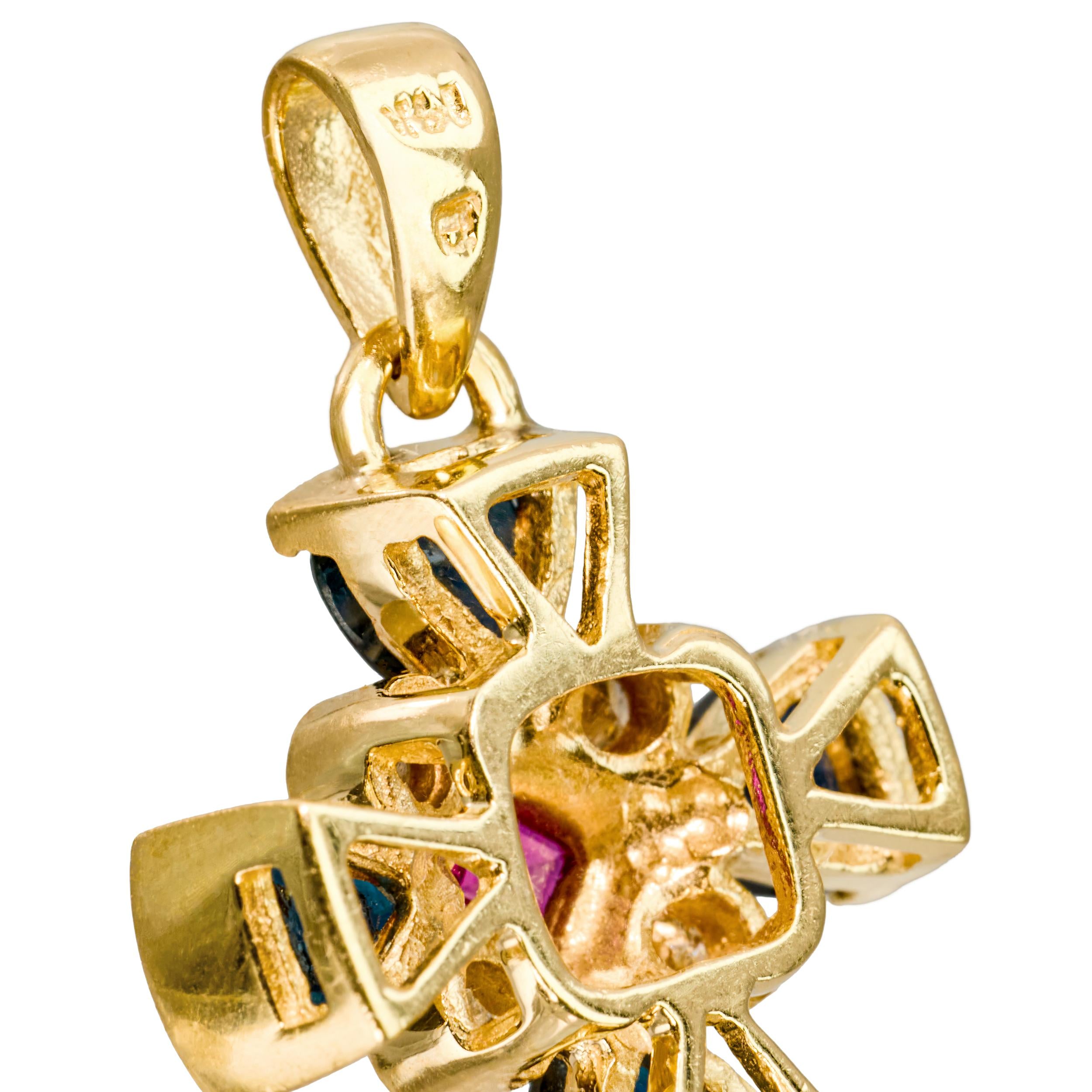 Vintage 13k Yellow Gold Sapphire, Diamond, and Ruby Cross Pendant