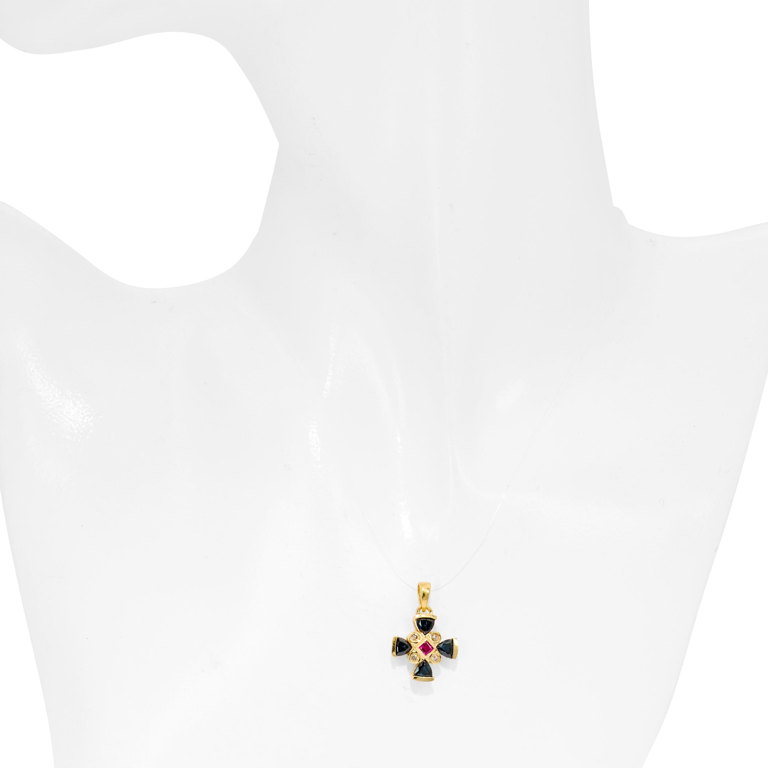 Vintage 13k Yellow Gold Sapphire, Diamond, and Ruby Cross Pendant