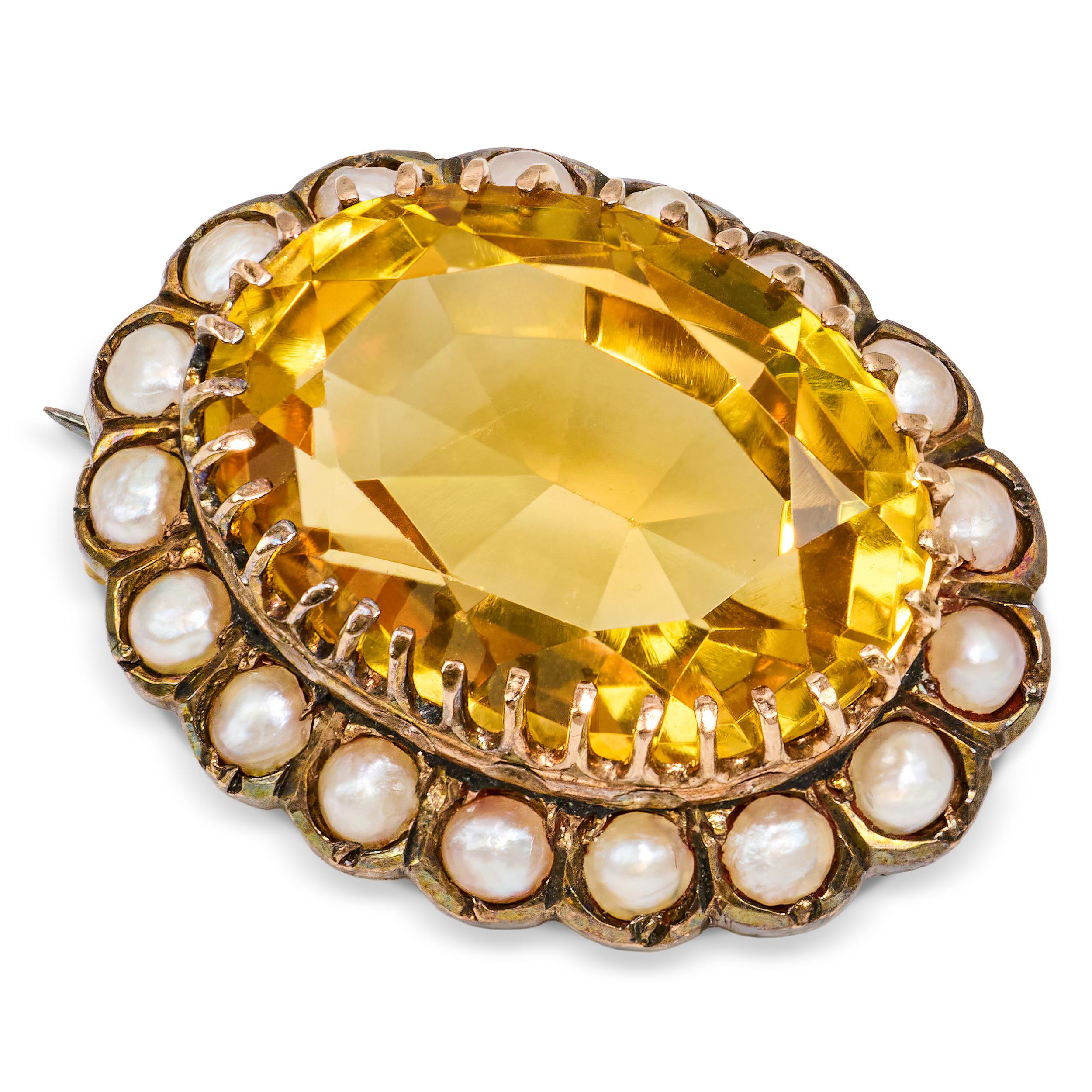 Antique Silver and Yellow Gold Citrine and Pearl Brooch