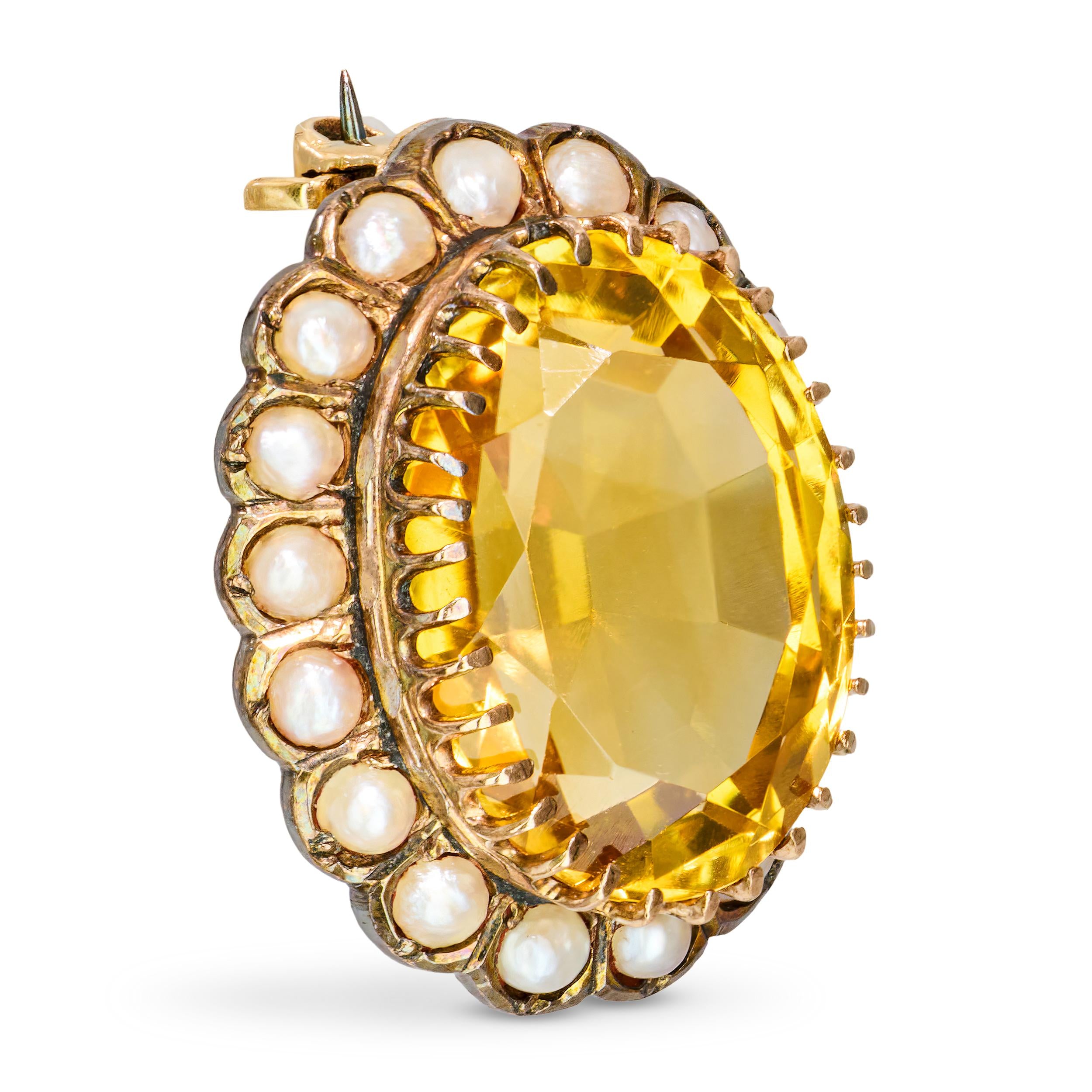 Antique Silver and Yellow Gold Citrine and Pearl Brooch