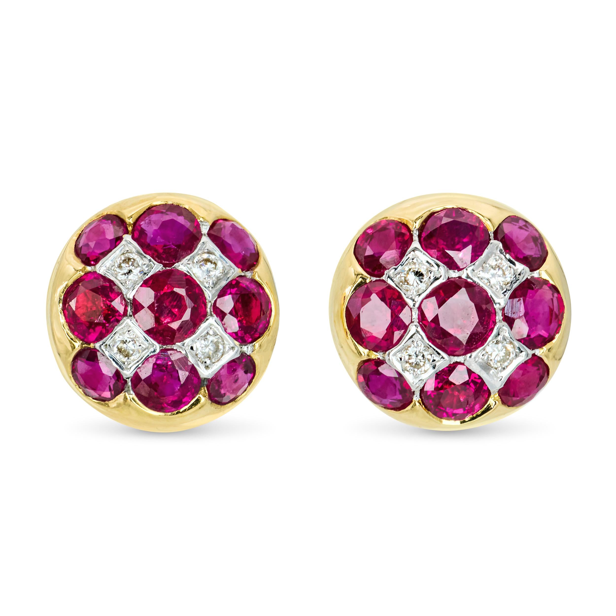 Vintage 17k Yellow Gold Ruby and Diamond Checkerboard Stud Earrings