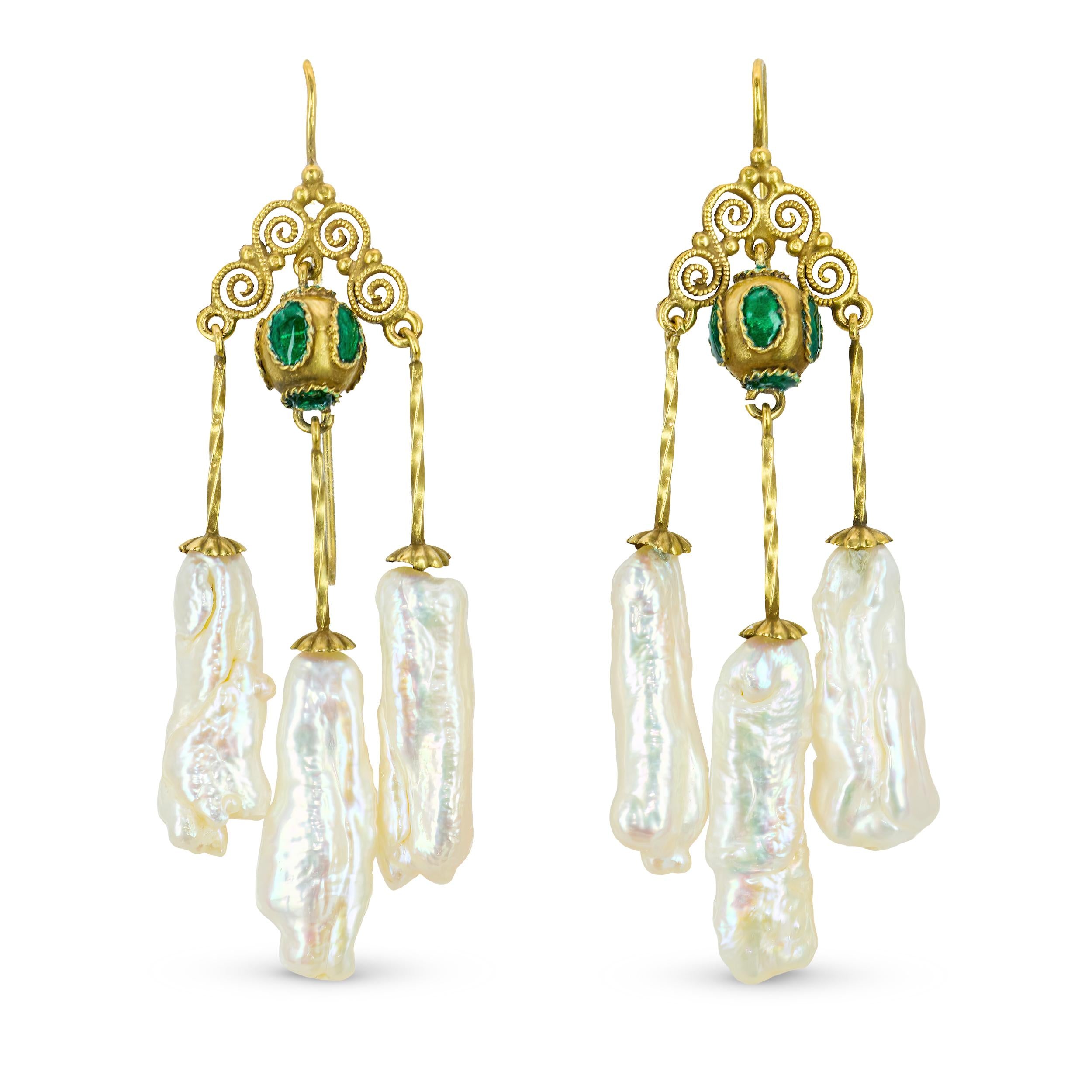 Vintage 9k Yellow Gold Pearl Etruscan Revival Chandelier Earrings