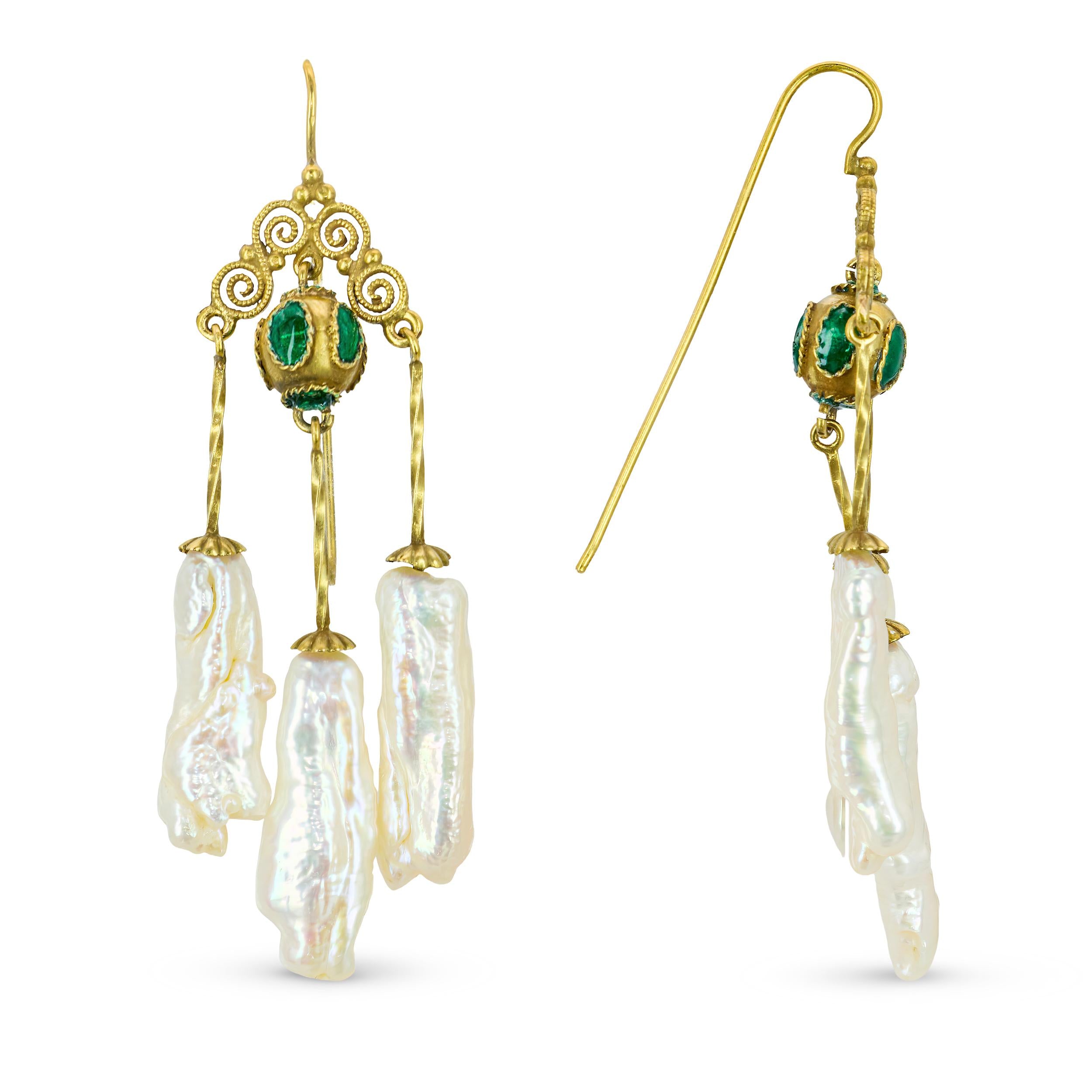 Vintage 9k Yellow Gold Pearl Etruscan Revival Chandelier Earrings